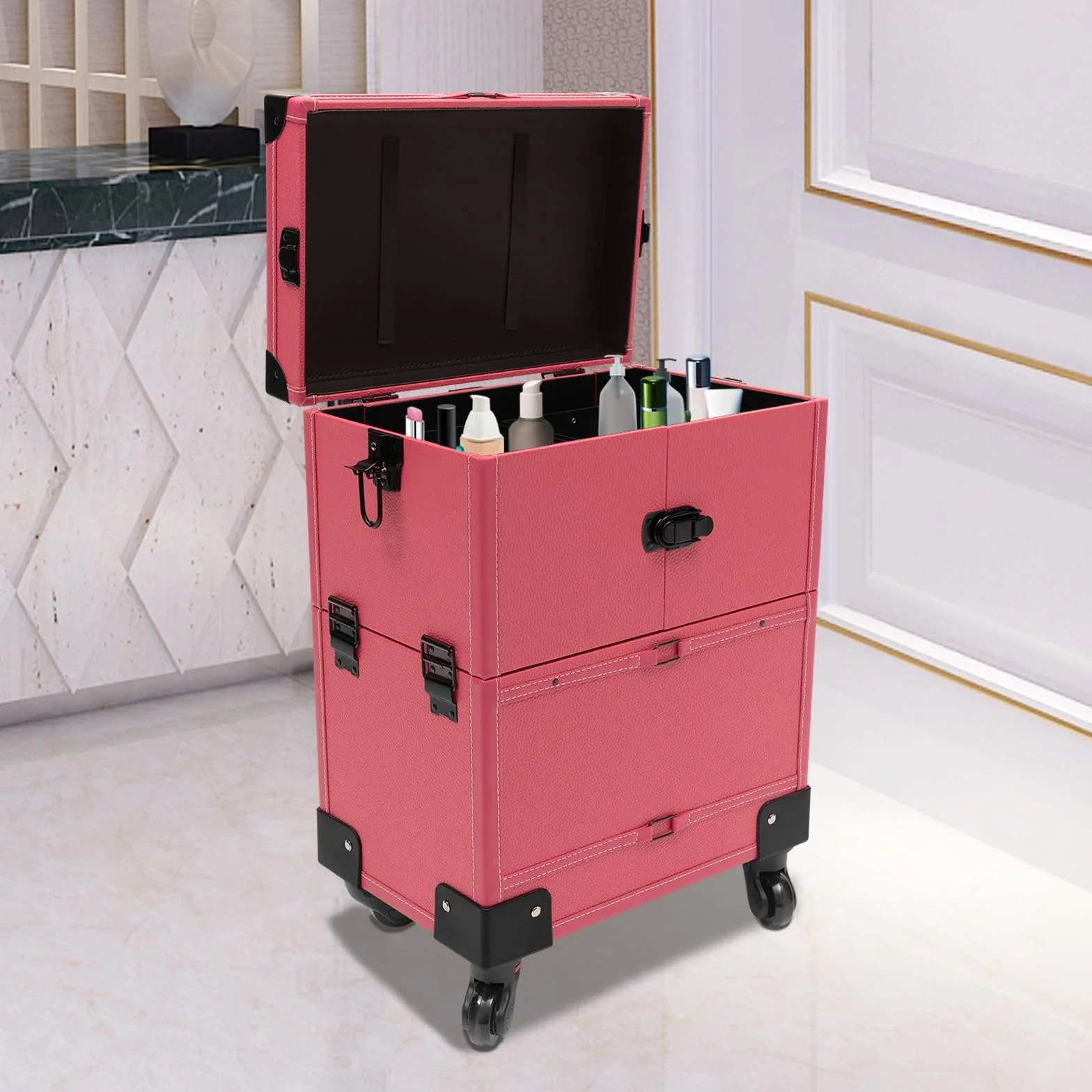 Rolowany zestaw do makijażu z szyną, 4 tace, zwijany produkt do makijażu z szufladą, walizka podróżna do makijażu, tatuażu, Nail Tech, Rosa, Nowoczesny