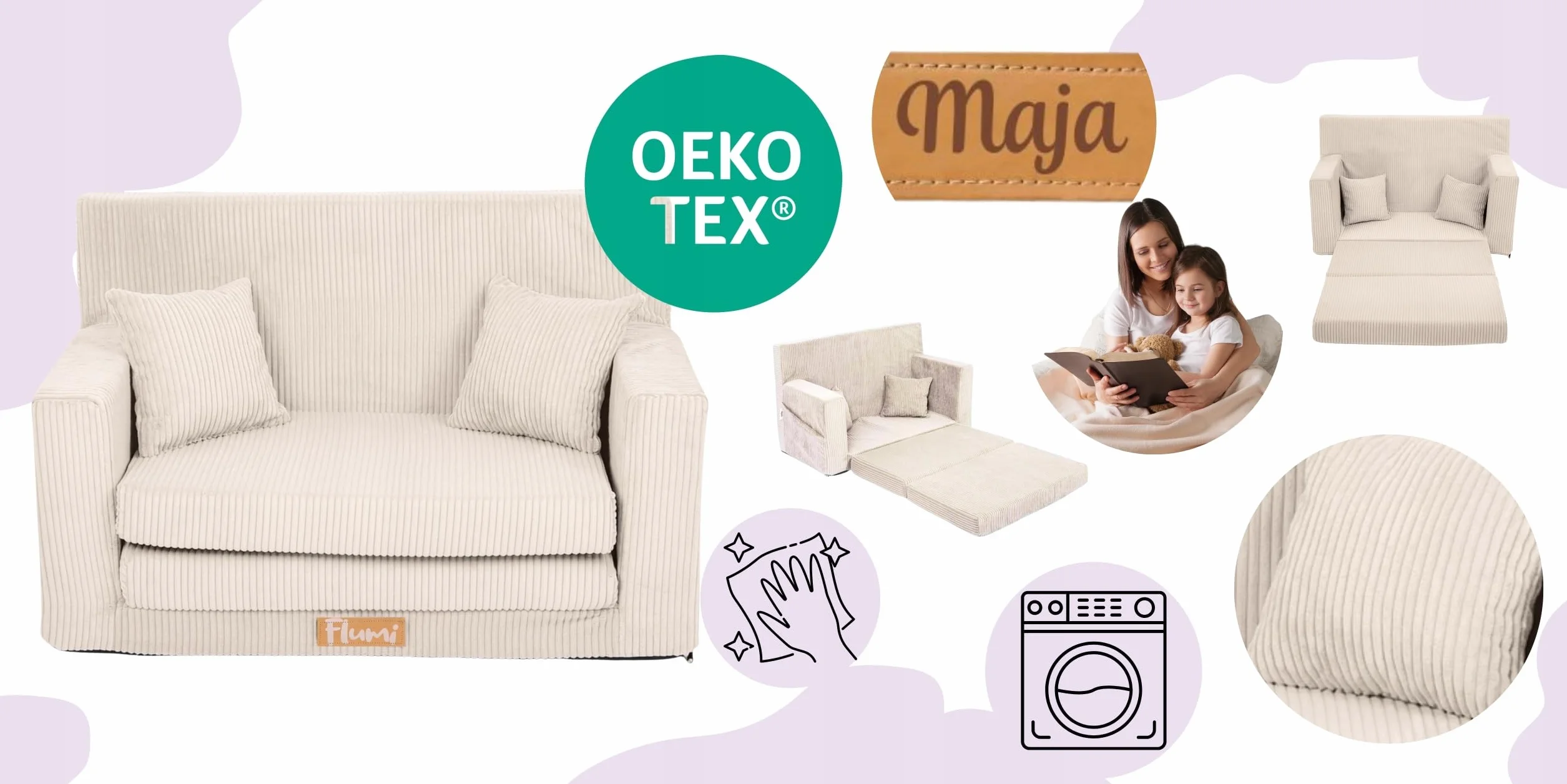 Flumi Sofa dziecięca piankowa Kanapa rozkładana dla dzieci sztruks beżowy