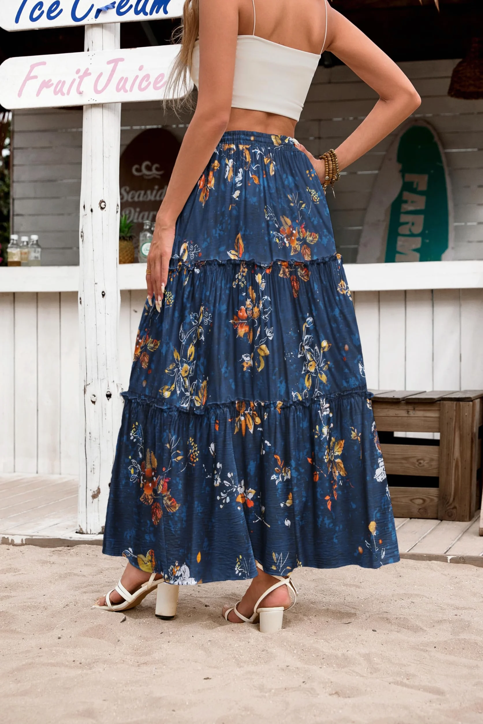 Hotouch Spódnica damska, wysoka talia, elegancka spódnica maxi, linia A, warstwowa, ze ściągaczem, spódnica w kwiaty, z kieszeniami