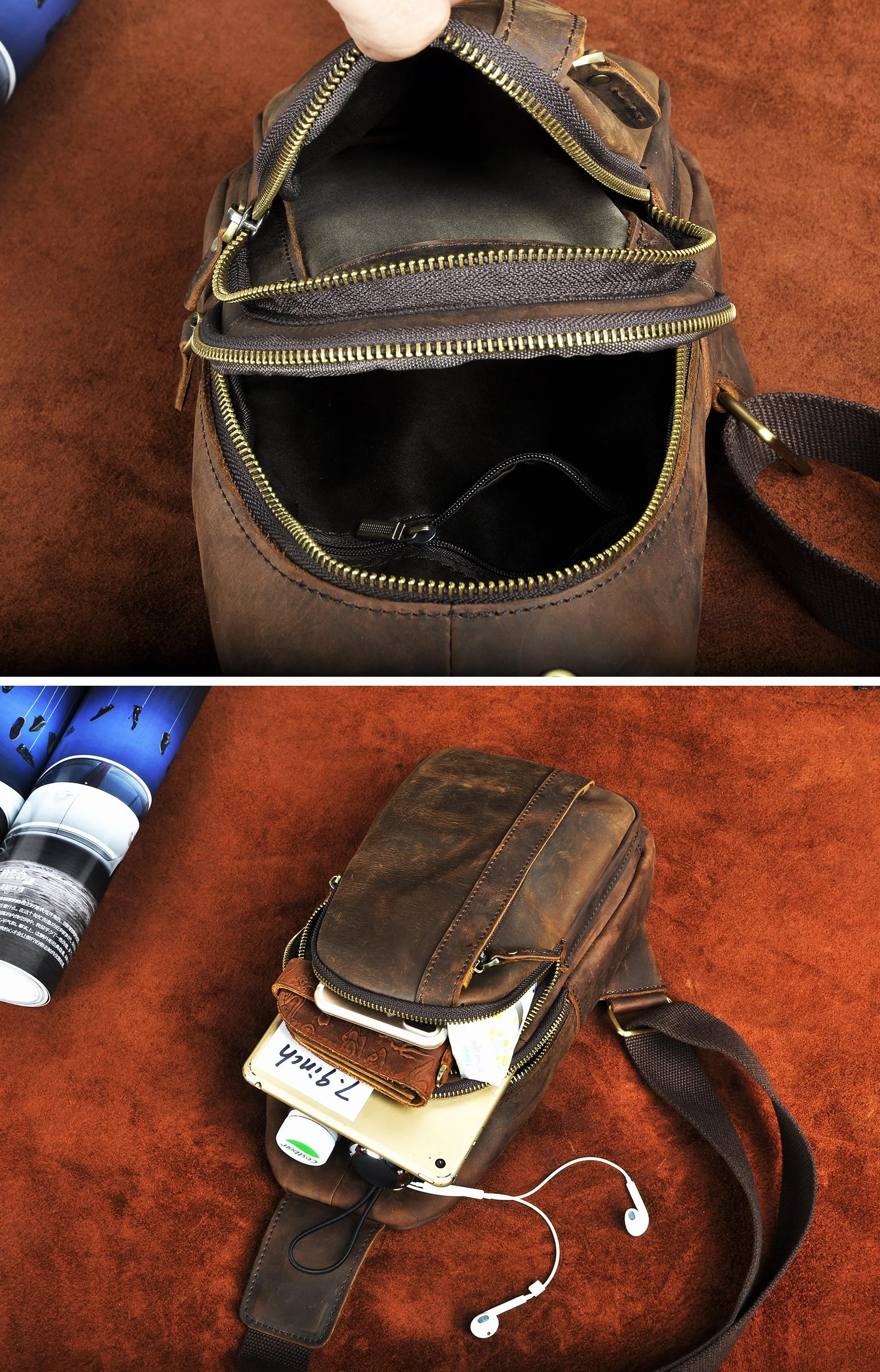 Le’aokuu Męska skórzana saszetka na biodra Saszetka na klatkę piersiową Torba na brzuch Torba crossbody Torba na ramię Torba na ramię Torba na szyję Do joggingu motocyklowego 010 (010 A-ciemny brąz)