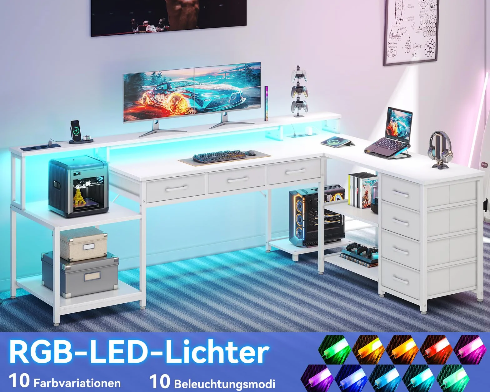 Coleshome Biurko Gamingowe ze Światłem RGB, 179.5×135.5cm Narożne z 7 Szufladami, Reversyjne w Kształcie L z 2 Gniazdami, biały
