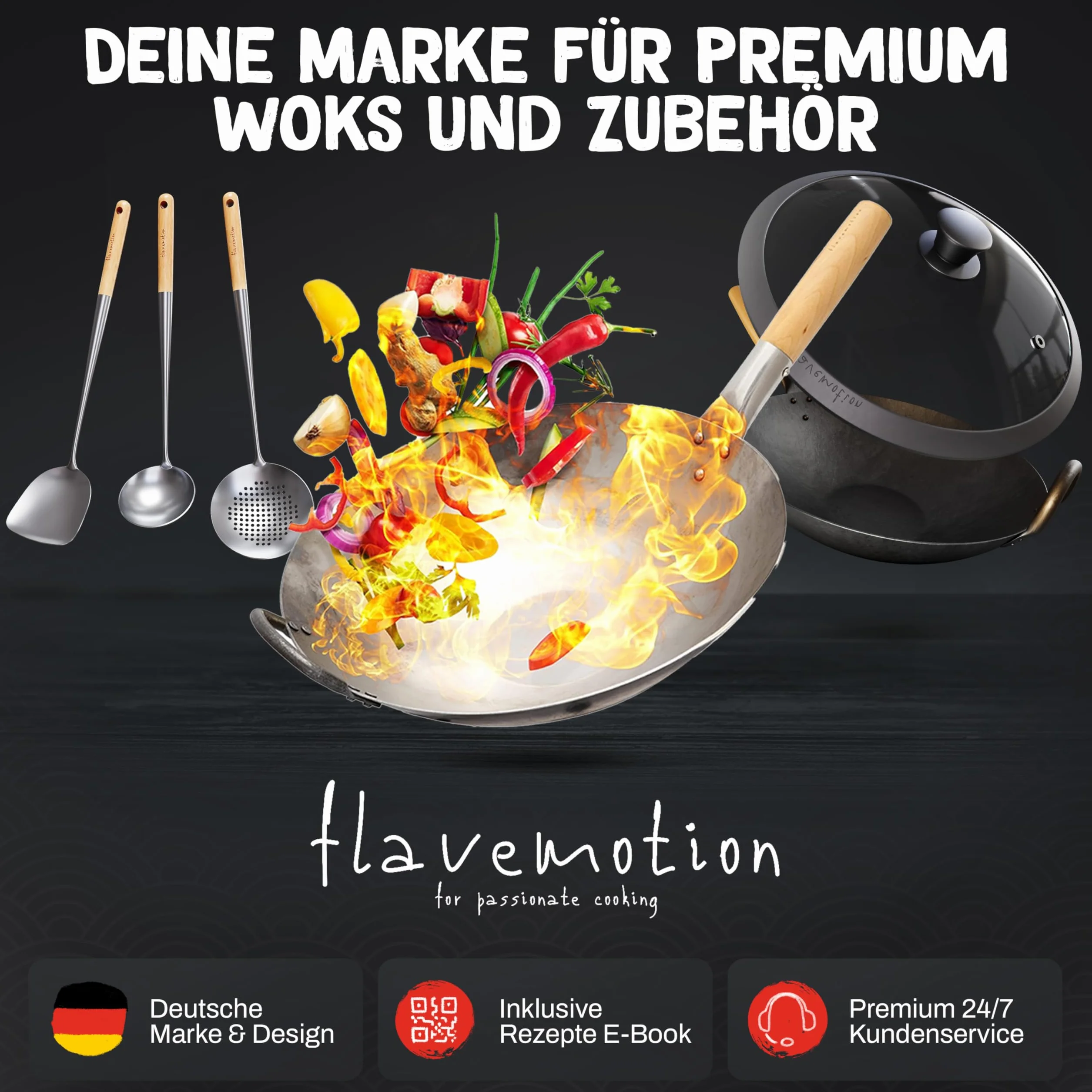 Flavemotion Pokrywa wok 30 cm szkło silikonowa krawędź wylot pary