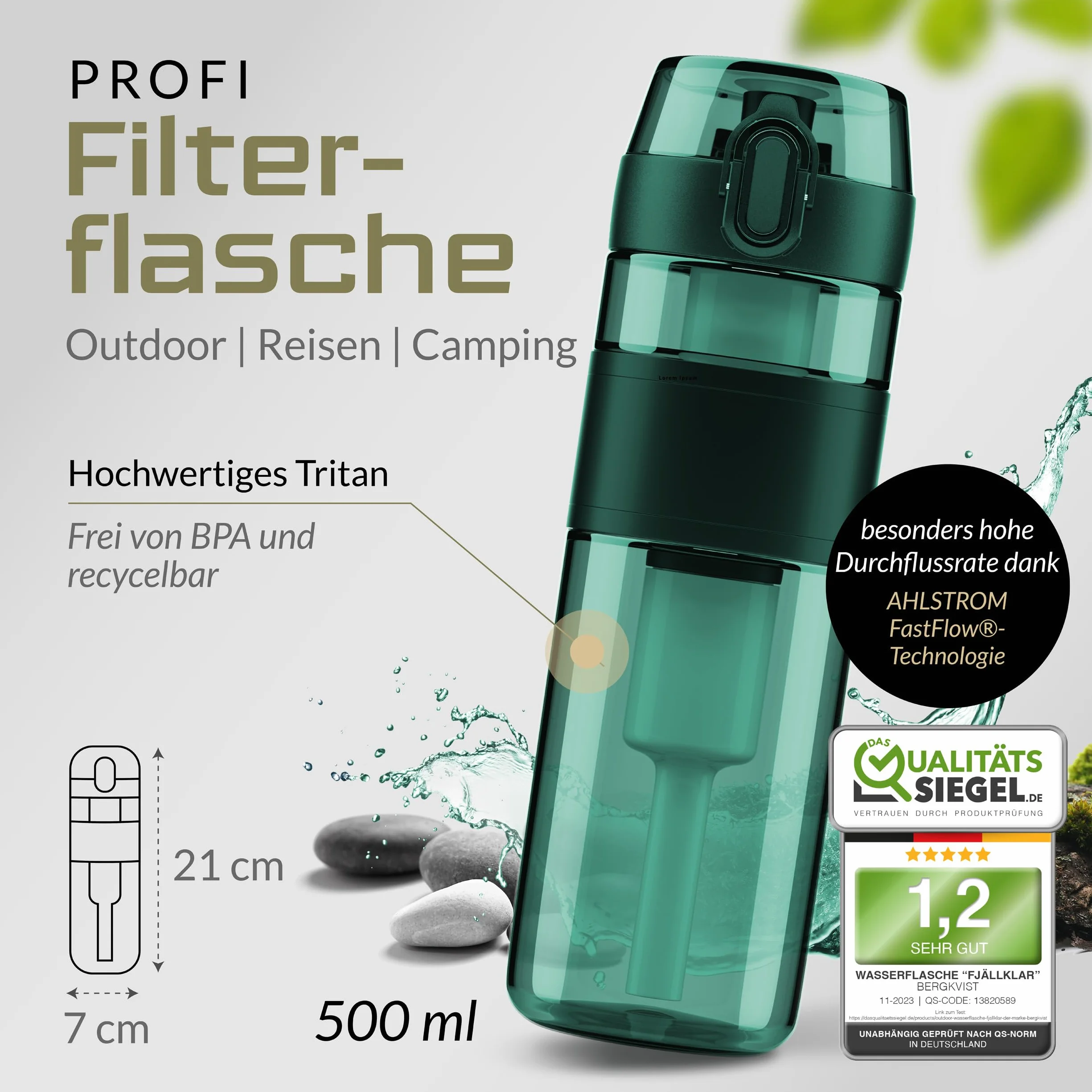 BERGKVIST Ahlstrom butelka z filtrem do wody na świeżym powietrzu (500 ml) – butelka na napoje z filtrem firmy AHLSTROM zapewnia czystą wodę pitną na kempingu, podczas wędrówek i przygód survivalowych