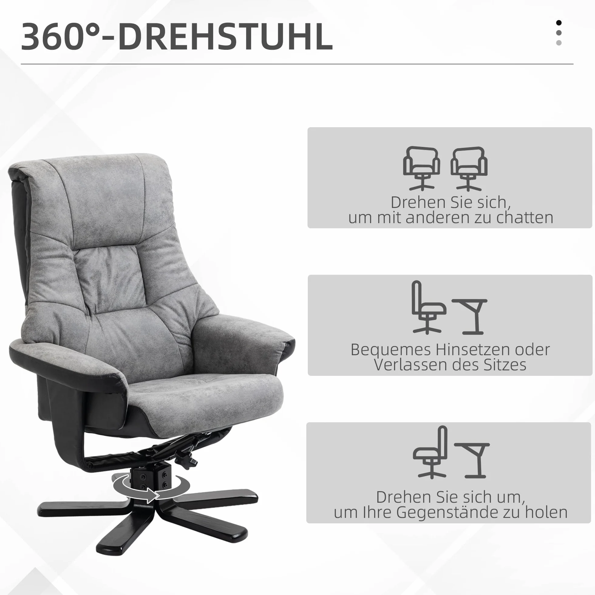 HOMCOM Fotel relaksacyjny z taboretem, obrotowy fotel telewizyjny z funkcją leżenia, tapicerowany fotel do salonu, sypialni, mikrofibra, szary, 78 x 82,5 x 109 cm