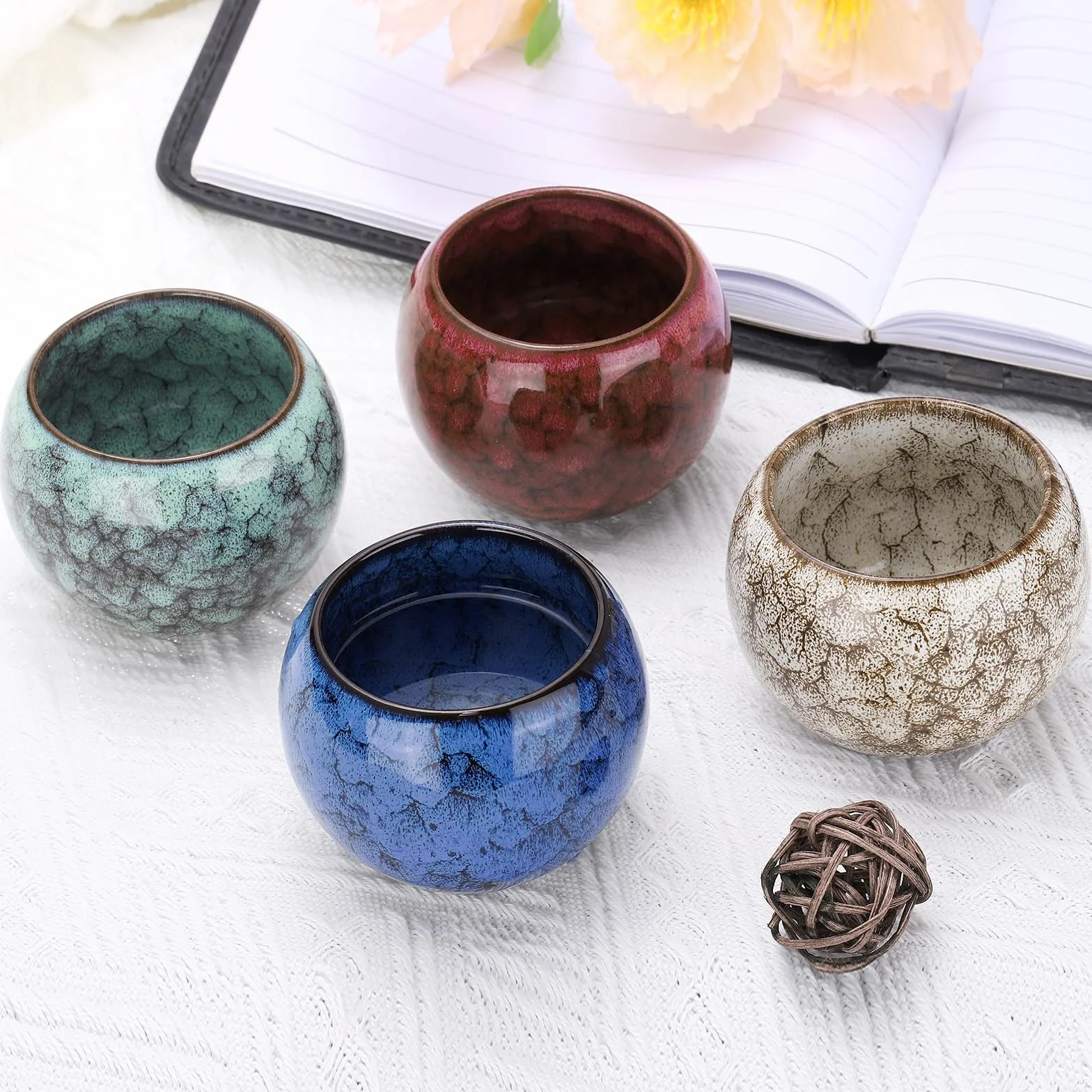 QUARKZMAN Filiżanki do herbaty ceramiczne 5,07 uncji zestaw Gong Fu ręcznie robiona emalia bez uchwytu