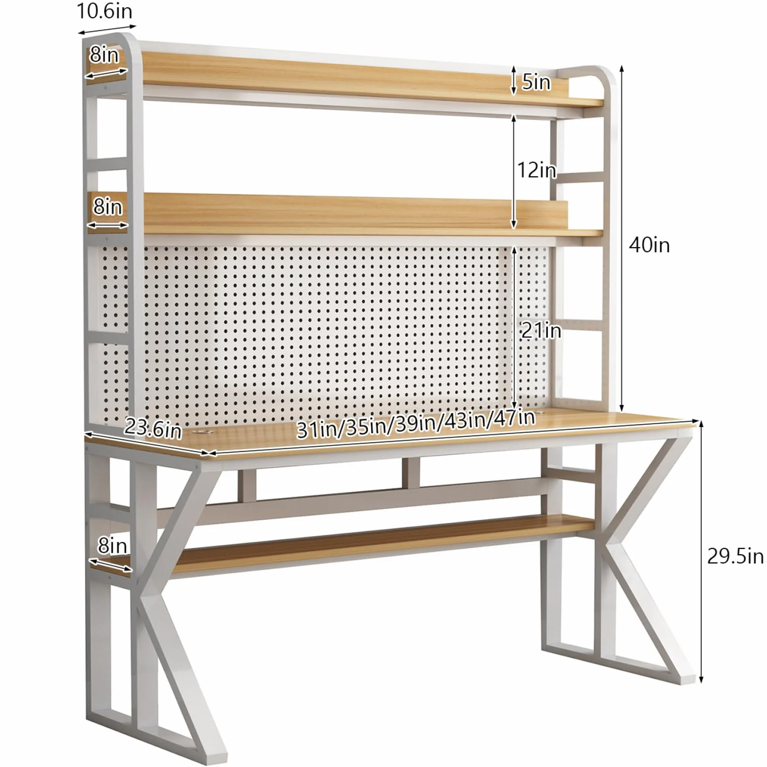 Solid Wood Computer Desk with Storage Shelves & Pegboard Large Study Writing Table Brown & White 39" W x 69" H x 23.6" D