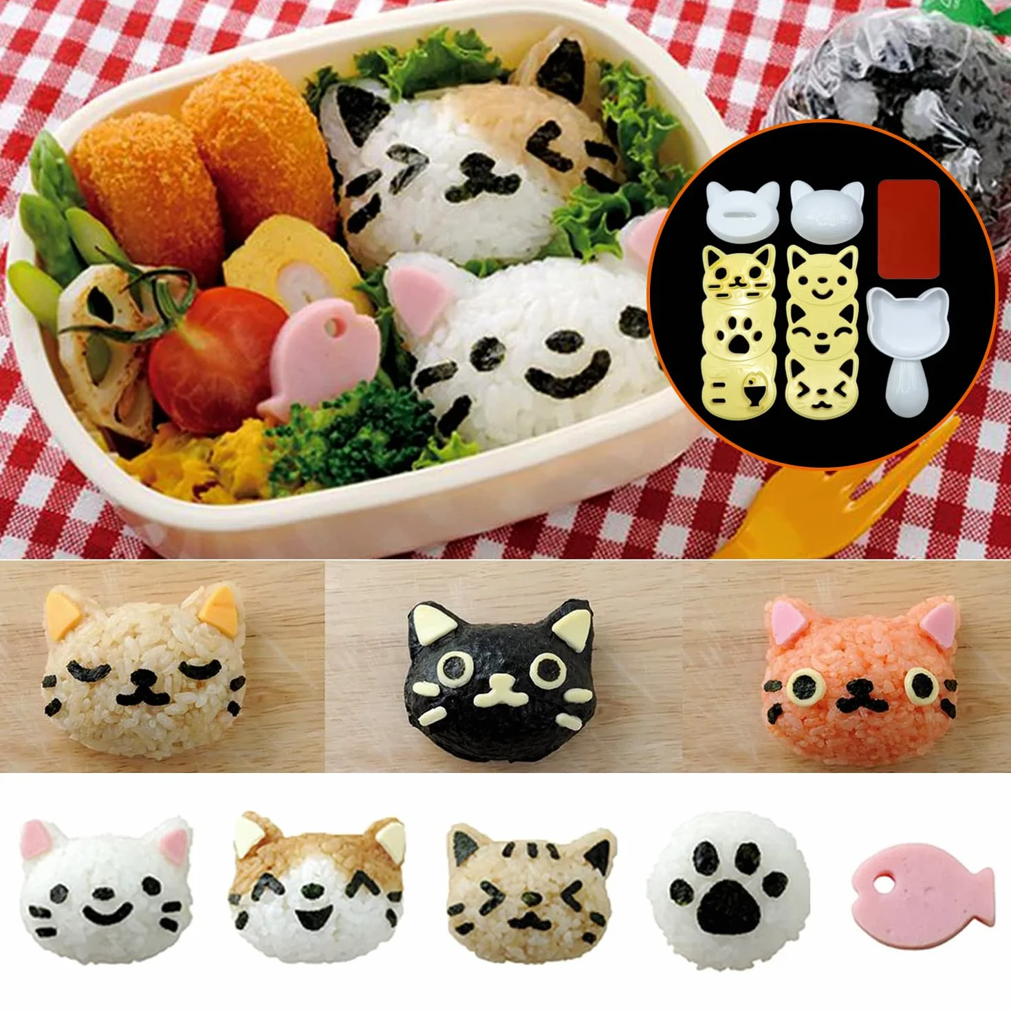Foremka do ryżu w kształcie kota, Onigiri Maker, 3D piłka ryżowa, zestaw "zrób to sam", do sushi, formowana forma do kulek spożywczych, produkcja sushi, taca, narzędzia kuchenne