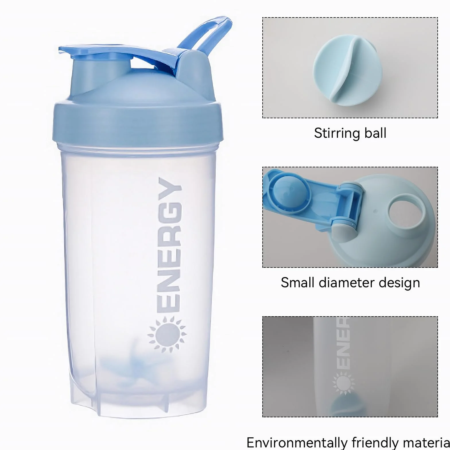 Shaker z kulką do mieszania 700 ml, nie zawiera BPA, wodoodporny, do koktajli proteinowych (niebieski)