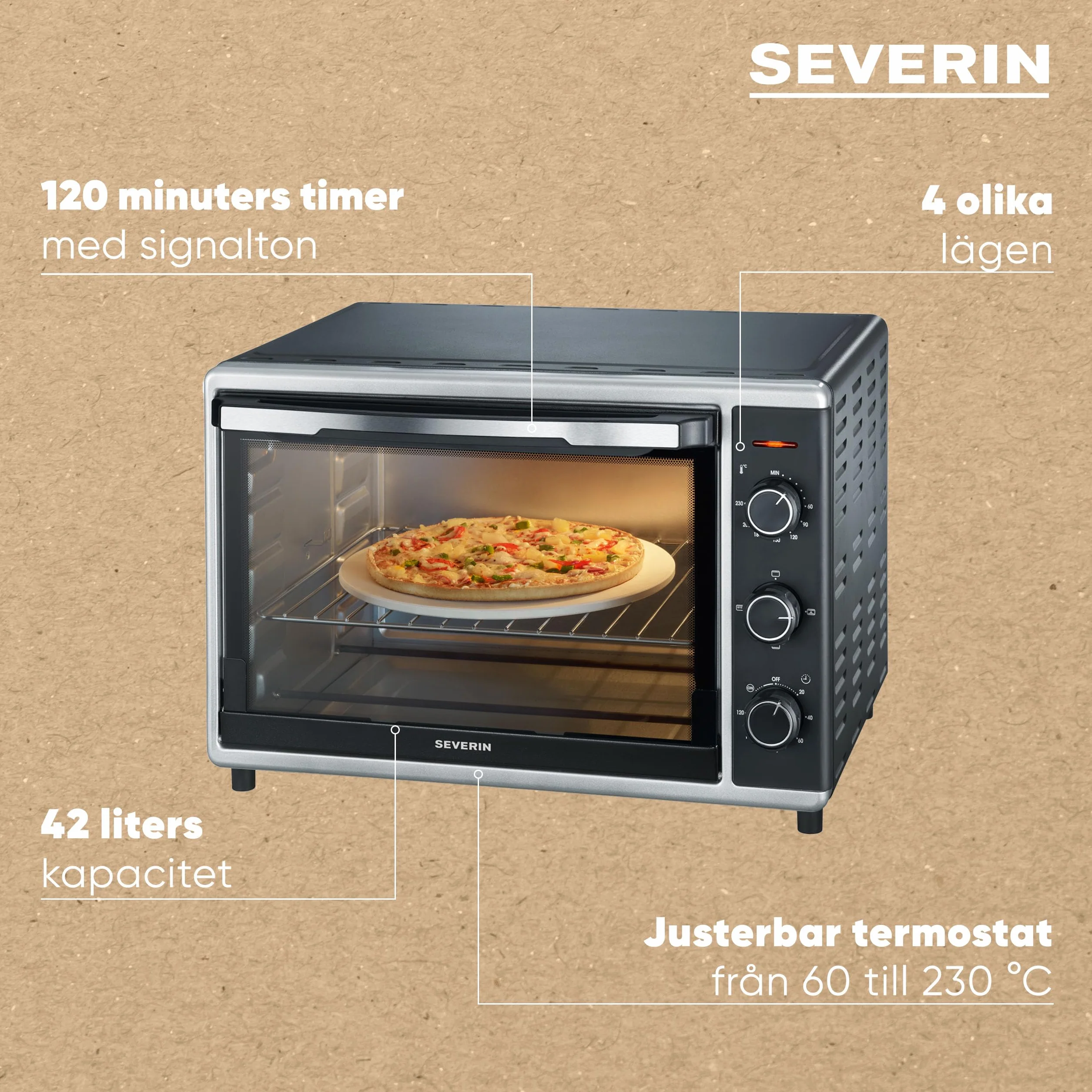 SEVERIN Piec do pieczenia i tostów z funkcją termoobiegu, mini piekarnik z rusztem do grillowania, blachą do pieczenia, rożnem obrotowym i kamieniem do pizzy, uniwersalny piec na gorące powietrze o