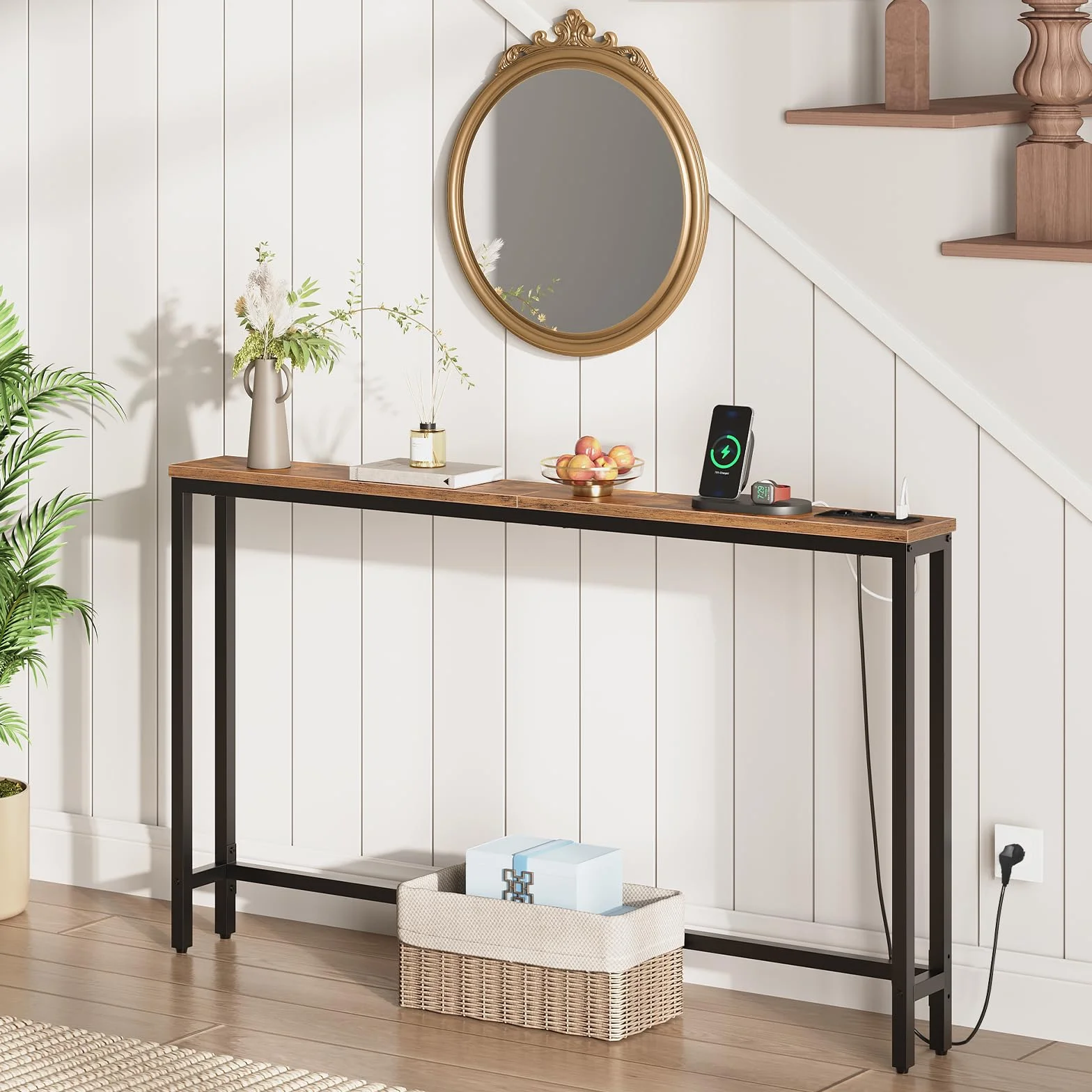 HOOBRO Wąski stolik konsolowy 140 cm z stacją ładującą, metalowa rama, brązowy vintage