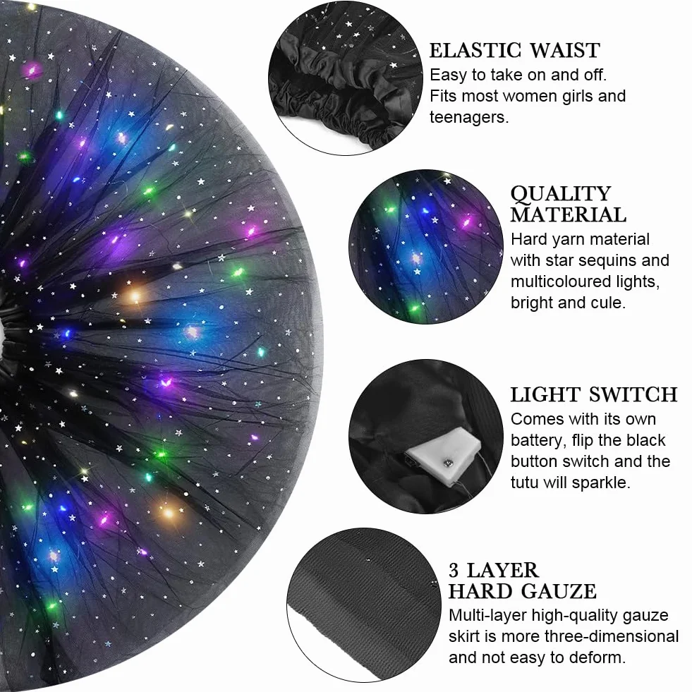 URAQT Spódniczka tutu LED, tiulowa spódniczka damska LED tutu dla dorosłych, mini spódniczka damska z diodami LED, tutu LED dla dorosłych na karnawałowe bale, bale, kostium na Halloween, 40 cm
