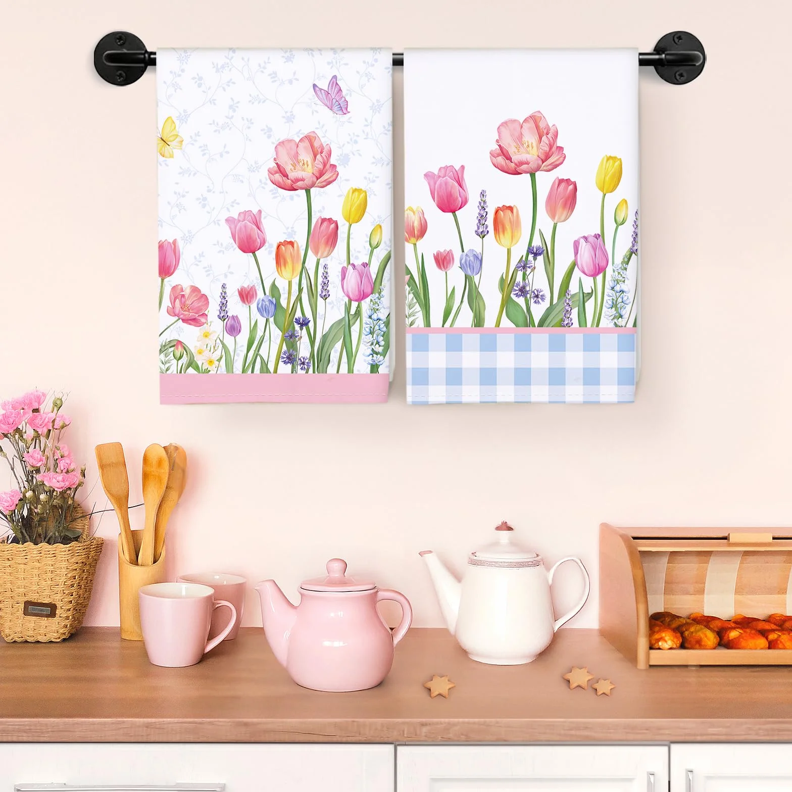 Ręczniki do naczyń wzorzyste na wiosnę i lato 4 szt. 48 × 70 cm, 100% bawełna, miękkie ręczniki kuchenne, ręczniki do rąk, wielokrotnego użytku, szybkoschnące ściereczki do naczyń do kuchni
