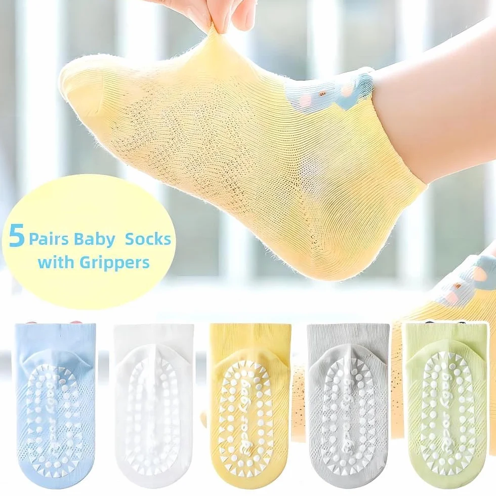 5 PCS Skarpetki antypoślizgowe dla niemowląt,Bawełna Śliczne Skarpetki Dzieci,Skarpetki antypoślizgowe Dziecko Noworodek Termiczne Socks z uroczymi wzorami haftu 1-3 Lat, Wielobarwny, 1-3