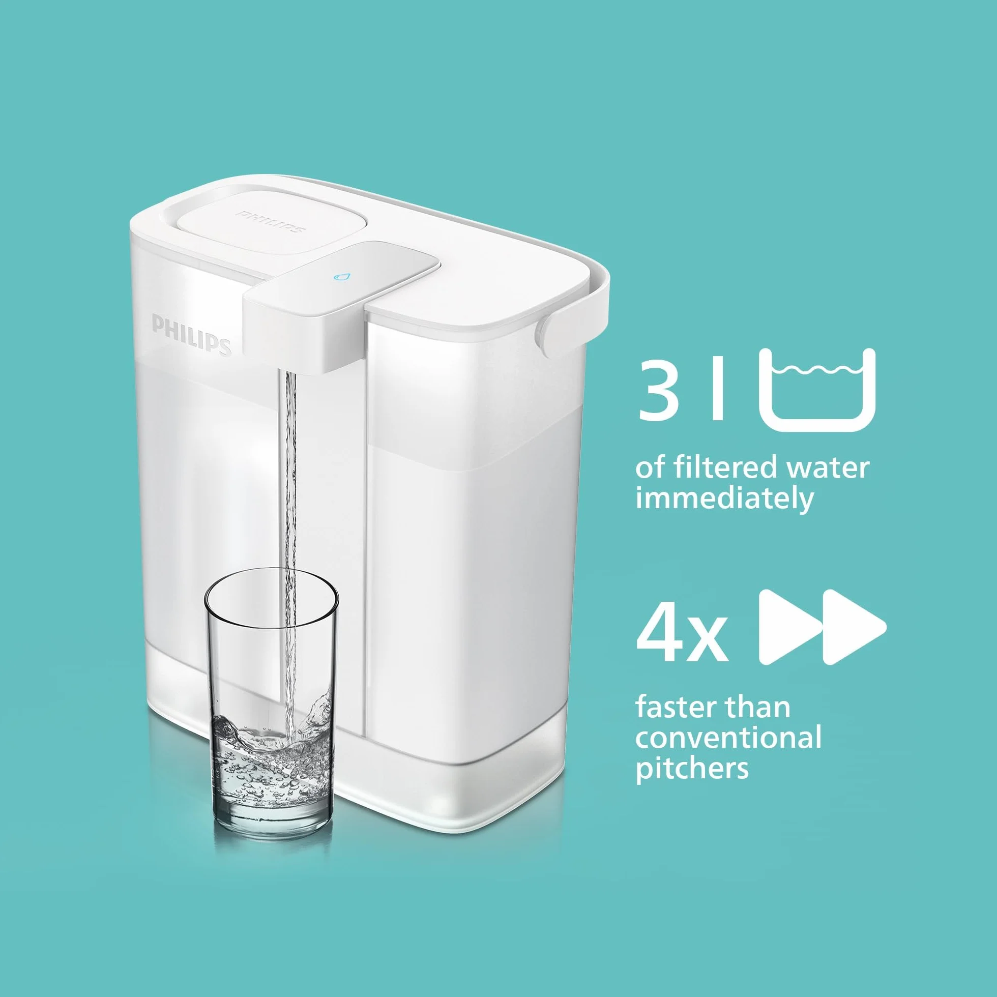 Philips Water Natychmiastowy filtr wody z 3 filtrami zamiennymi Softening+, redukcja wapna do kolejnych 50%, szybki przepływ 1 l/min, akumulator USB-C, pojemność 3 l