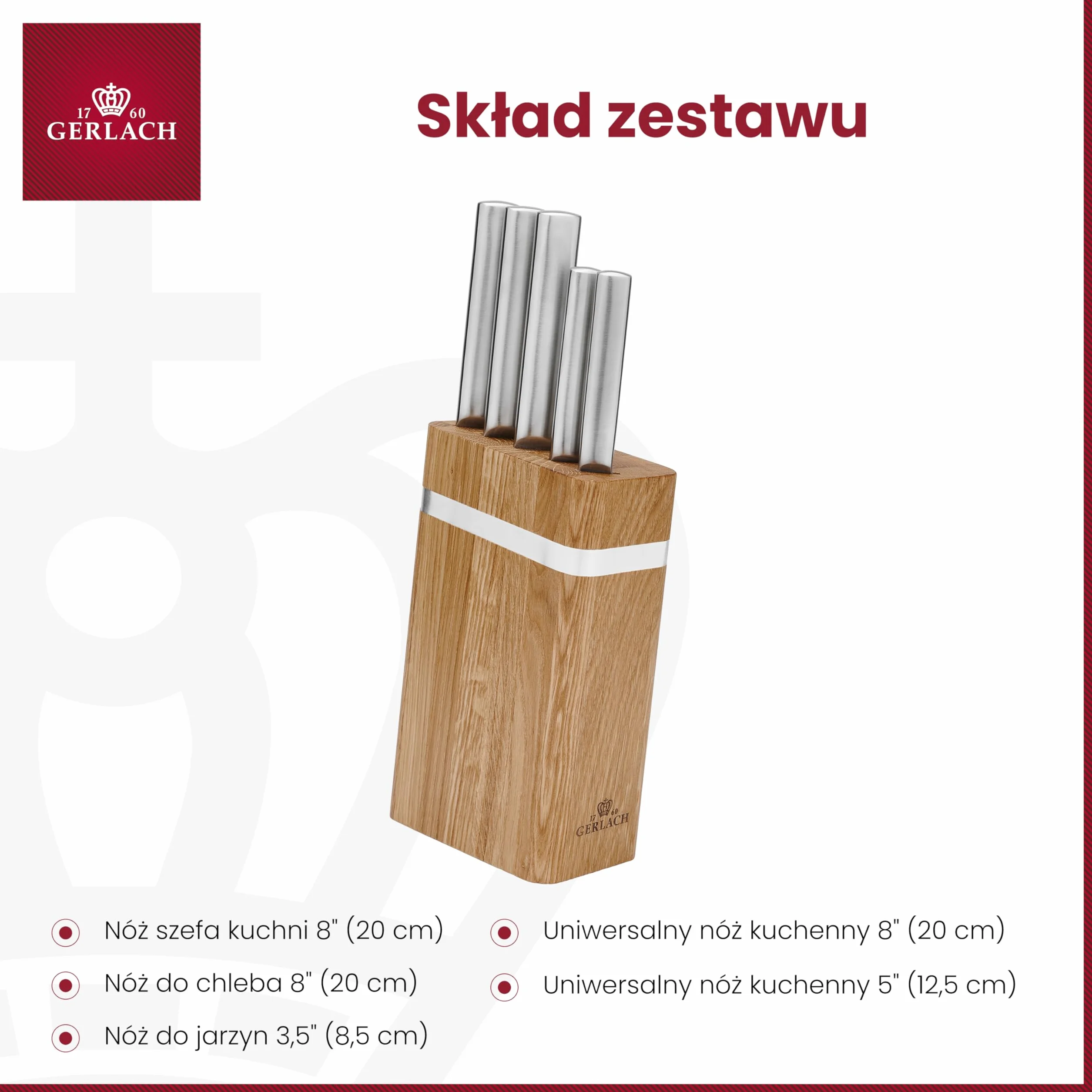 Gerlach Ambiente Oak NK997 Zestaw Noży w Bloku, Srebrny/Brązowy, 5 elementów