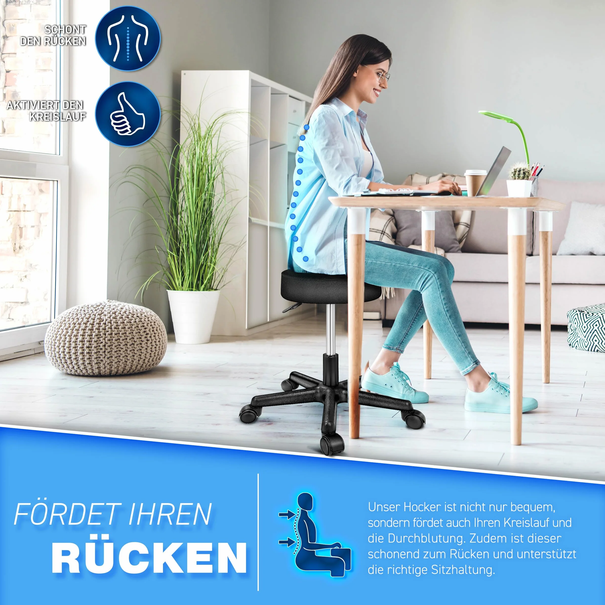 TRESKO® Krzesło obrotowe biurowe na kółkach, regulowana wysokość, obrót 360°, poduszka 10 cm, czarny