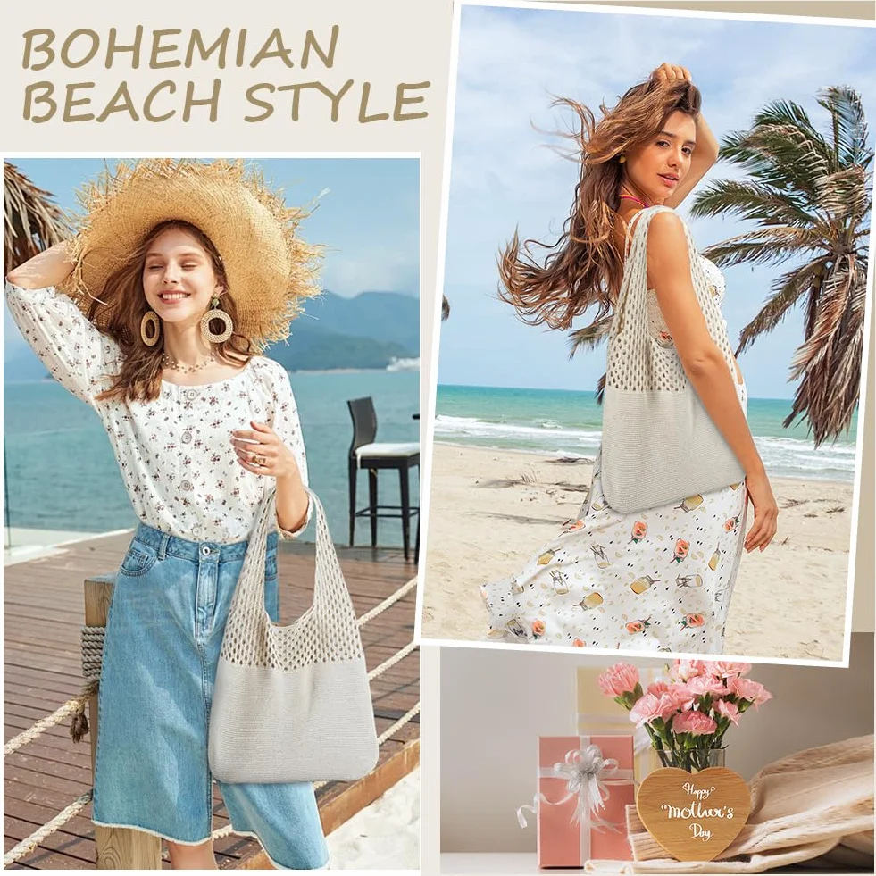 Dzianinowe torebki dla kobiet, retro pusta torba na ramię, siatkowa torba plażowa, szydełkowana torba plażowa, torby świąteczne dla kobiet, styl boho na wakacje, do codziennej pracy, zakupów,