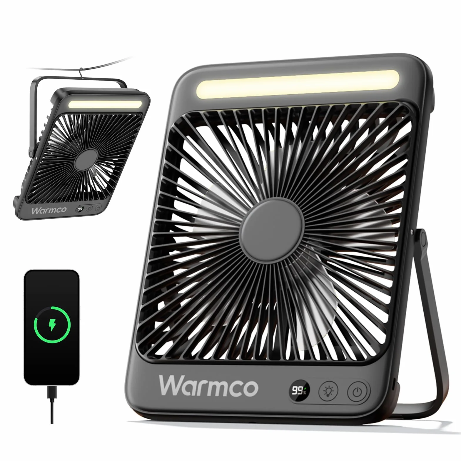 Warmco Wentylator Kempingowy 20000mAh Akumulatorowy, Płaski Wysokość 27cm z Lampką LED, Czas Pracy 48h, Przenośny Wiatrak do Namiotu, Podróży, Na Zewnątrz
