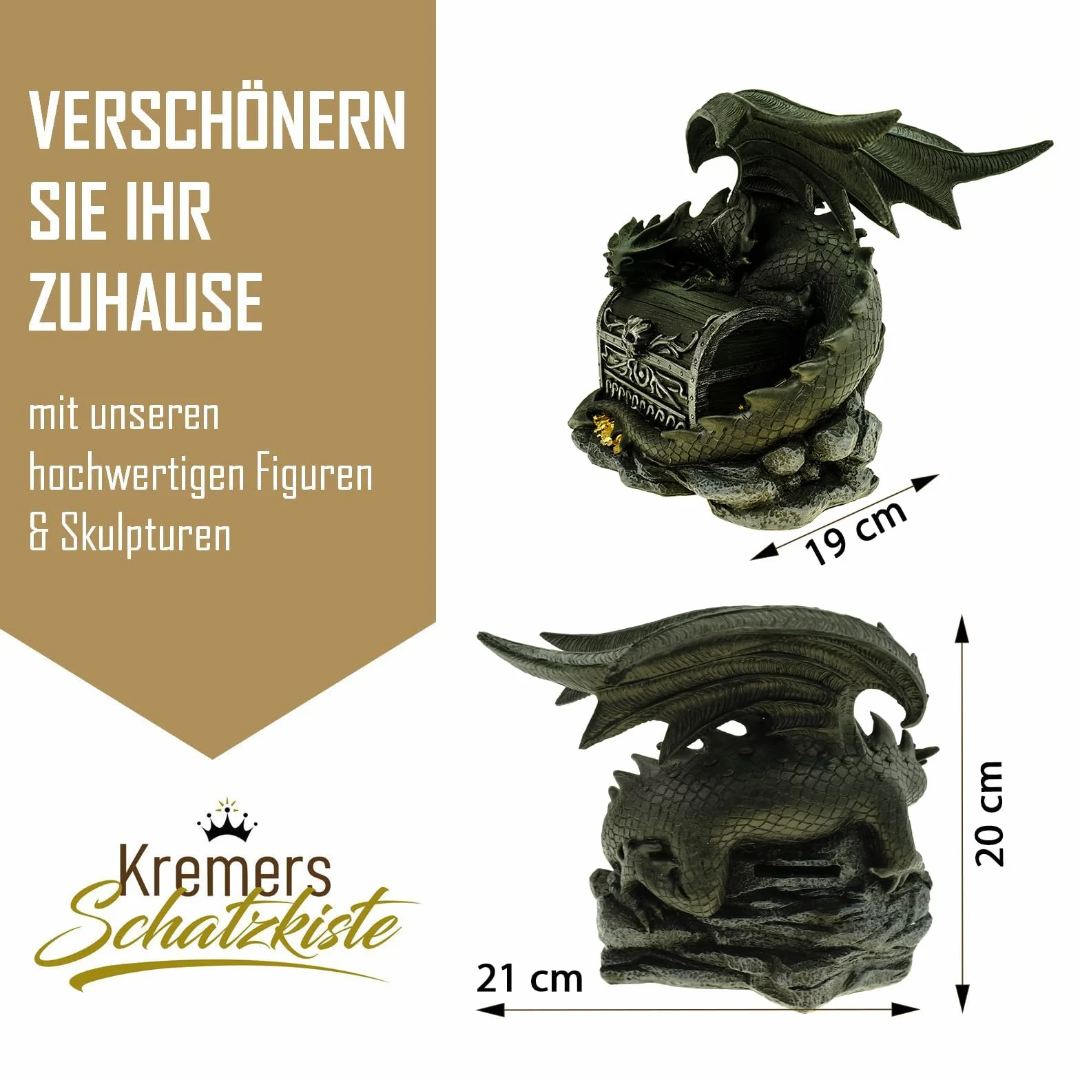 Kremers Schatzkiste XXL Skarbonka Strażnik Smoka 21 cm z poliresyny, świnka Smok strzeże skarbonki, figura smoka, duża skarbonka, oszczędności pieniędzy