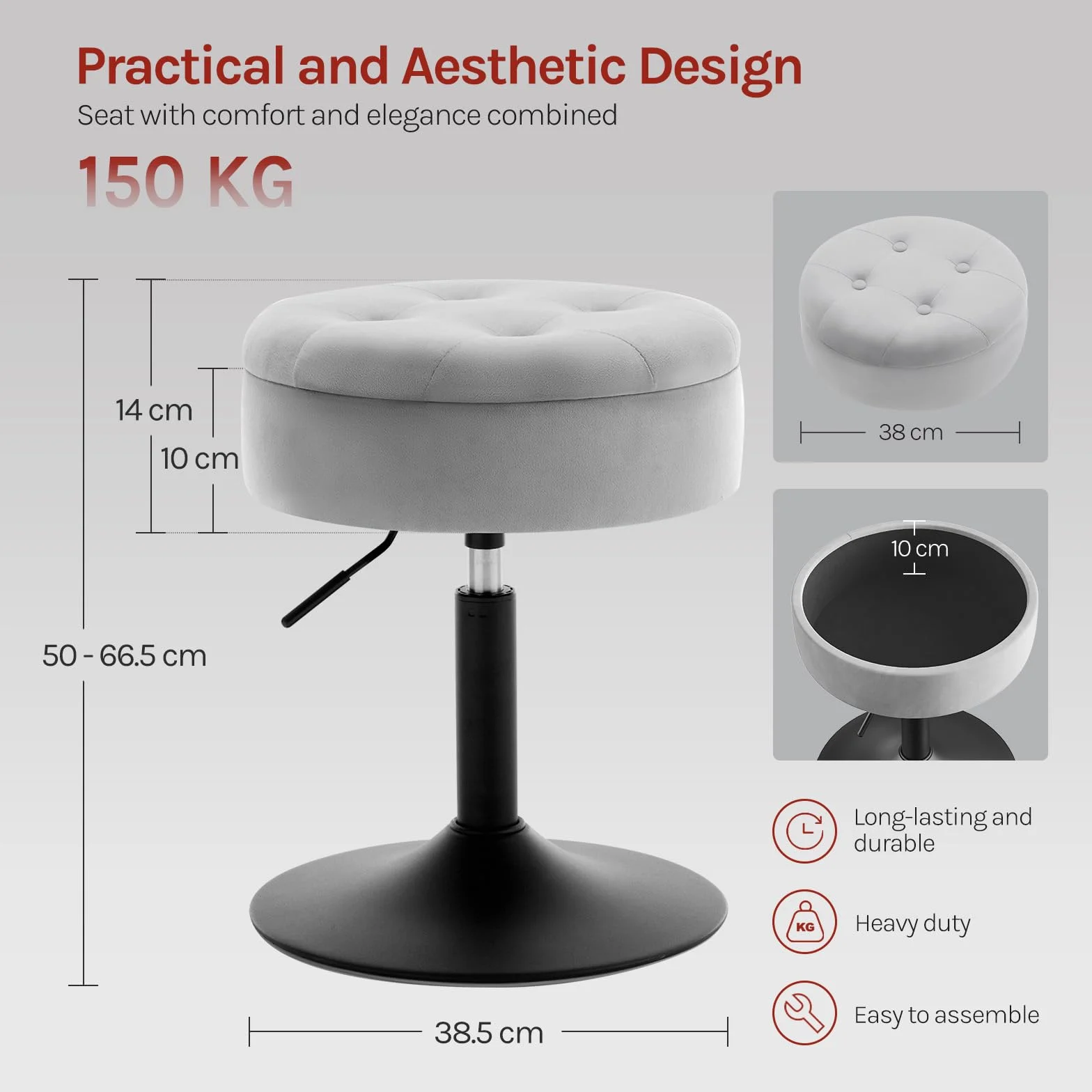 WOLTU Taboret obrotowy 360° aksamitny z przechowywaniem regulowany 49,5-65cm jasnoszary