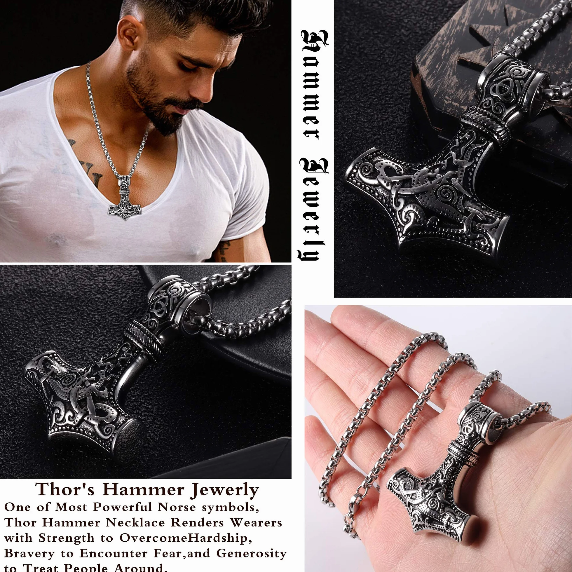 YADOCA Viking Thor's Hammer Naszyjnik męski stal nierdzewna z celtyckim węzłem Thora wisiorek z młotem biżuteria wikingów prezent czarny/srebrny, 61 cm, stal nierdzewna, bez kamienia szlachetnego
