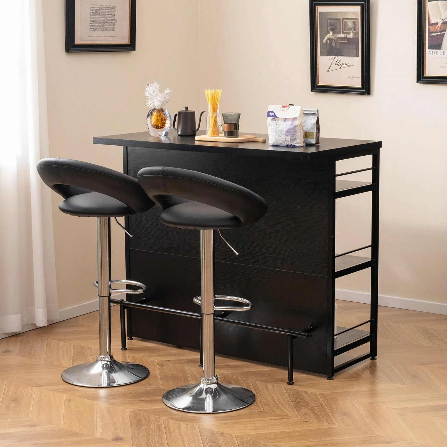 COSTWAY Domowy bar z 4 półkami, regał na wino z uchwytem na kieliszki, 120x60x101 cm, czarny