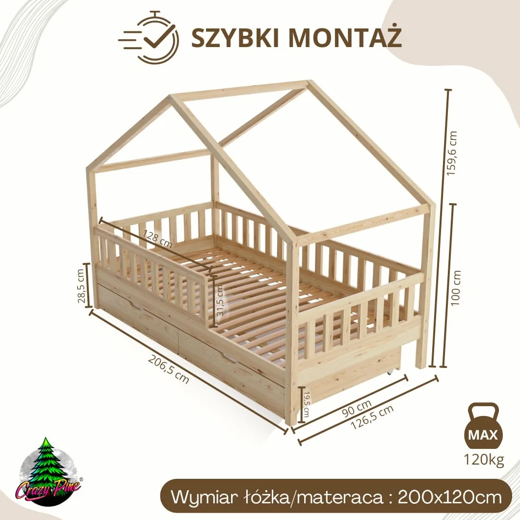 Łóżko domek z szufladami Crazy House 200 x 120 cm – Łóżko dziecięce z naturalnego drewna z odkręcaną barierką – Łóżko Montessori