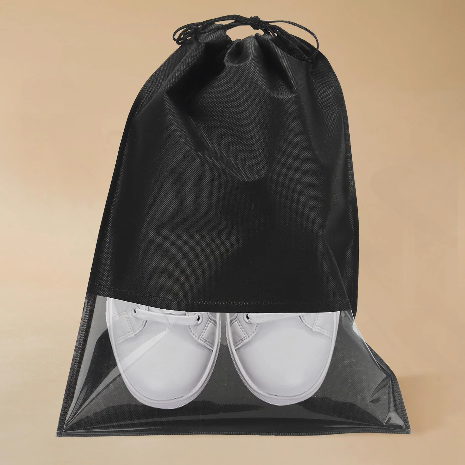 30 sztuk podróżnych worków na buty ze sznurkiem, 44 x 32 cm, duże worki na buty z okienkiem, torba do przechowywania butów, czarna tkanina do przechowywania, czarny, Minimalistyczny