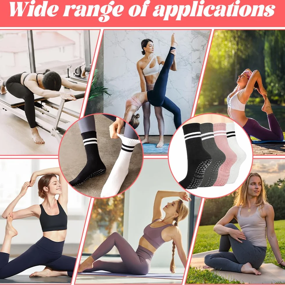 4 pary antypoślizgowych skarpet damskich, skarpety do pilatesu, stoperów | Dla kobiet, skarpety do jogi, do tańca, fitnessu, trampoliny, sportów walki, szpitala