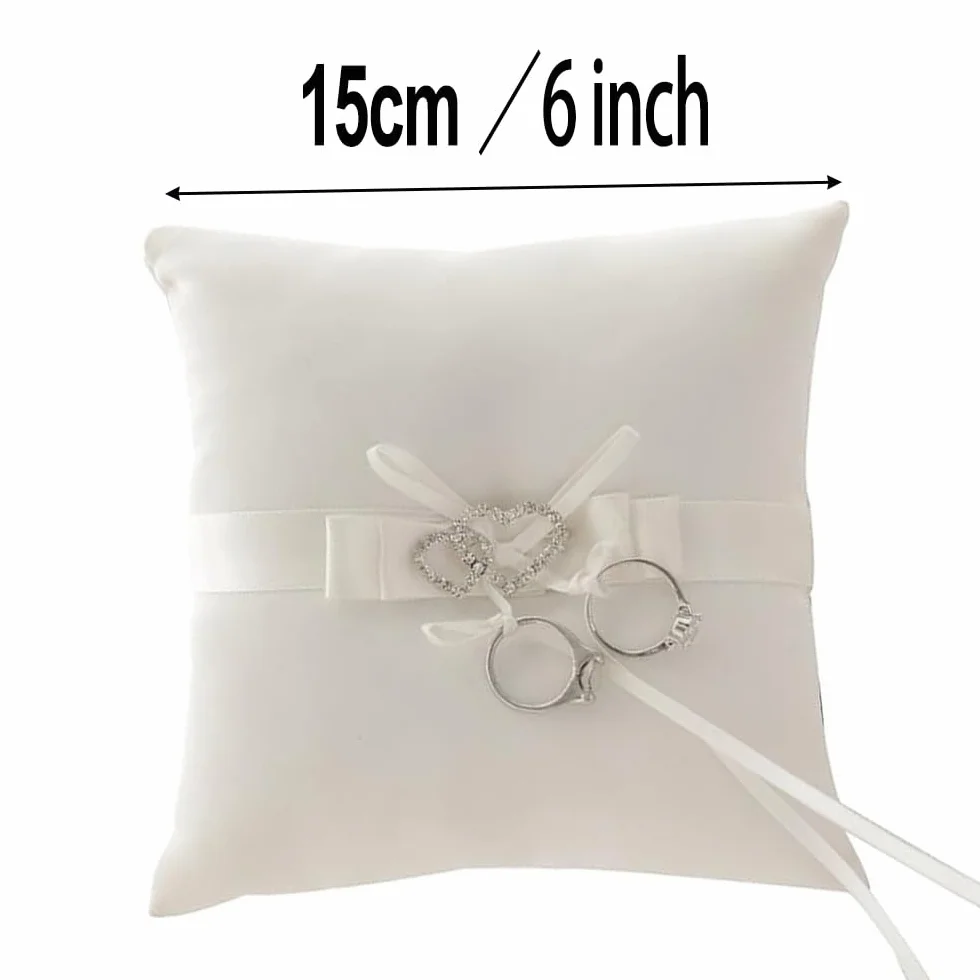 Awtlife Poduszka na obrączki z podwójnym sercem kryształ górski kość słoniowa 17,8 cm
