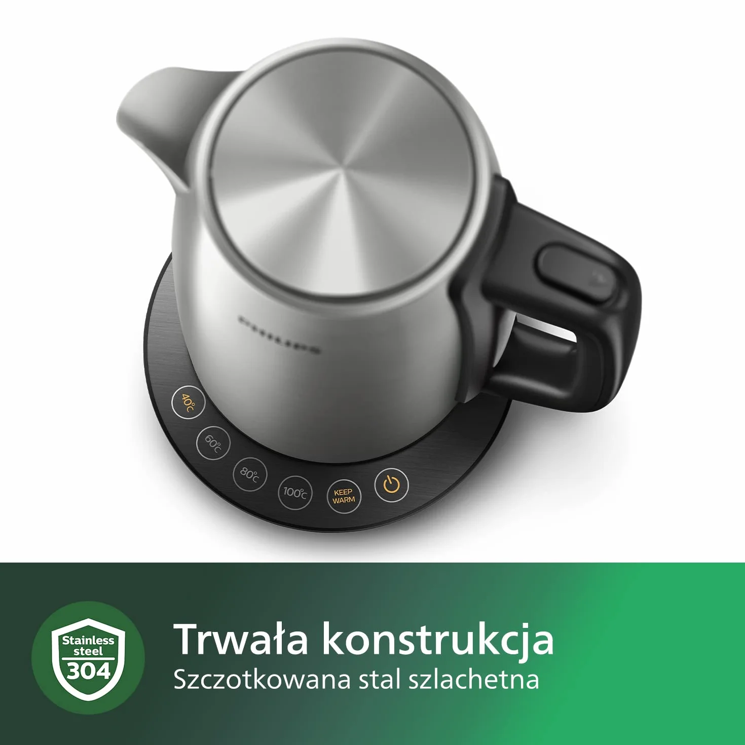 Philips Czajnik elektryczny - 1,7 l, Regulacja temperatury, Funkcja utrzymywania ciepła, Pokrywka z mechanizmem sprężynowym, Wskaźnik świetlny, Stal szlachetna, Obrotowa podstawa (HD9359/90)