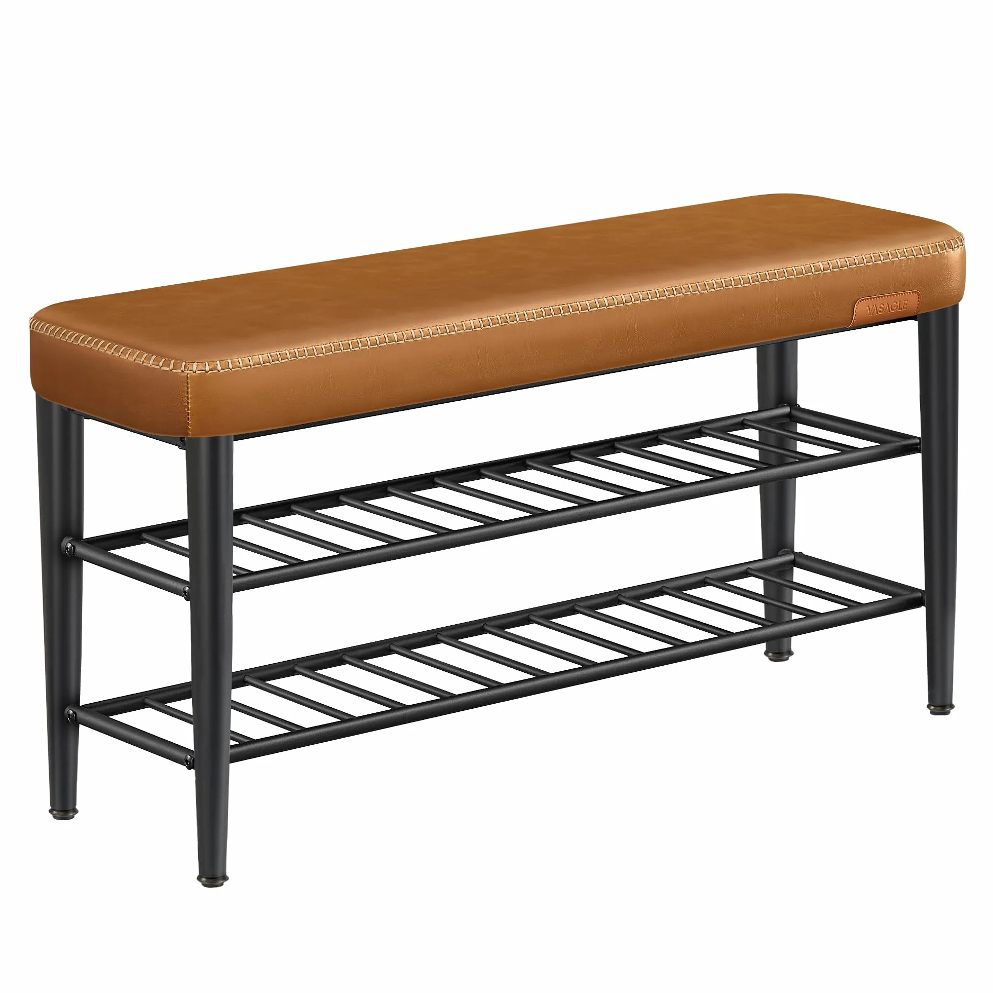 VASAGLE EKHO Kolekcja - ławka na buty, ławka, siedzisko, wejście, sztuczna skóra, przeszycia, styl mid-century modern, nowoczesny, nośność do 135 kg, 30 x 100 x 50 cm, karmelowy brąz LSB113K01
