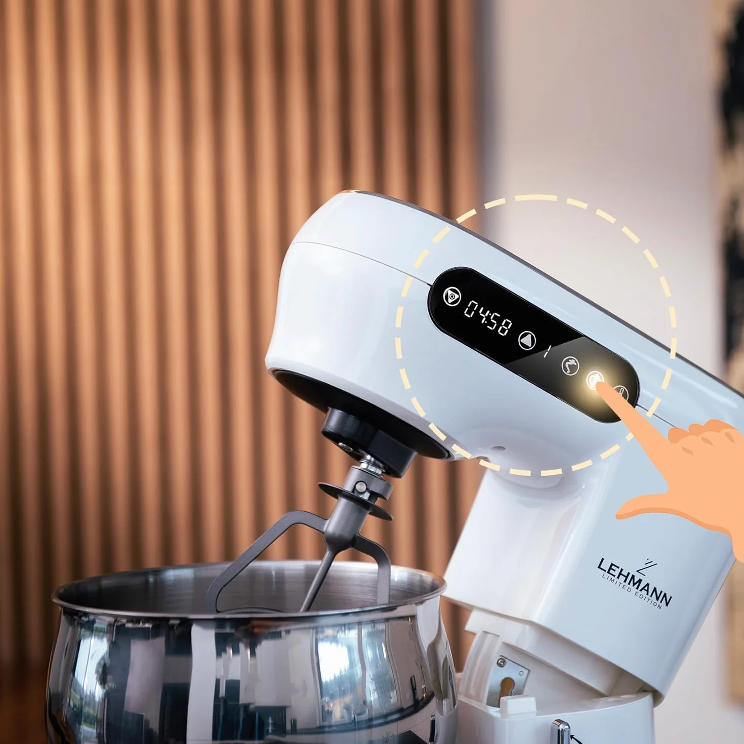 Lehmann Elektroniczny wyświetlacz wielofunkcyjny robot kuchenny z miską ze stali nierdzewnej, 5 l, 2300 W, 6 poziomów, z hakiem do ugniatania ciasta i trzepaczką