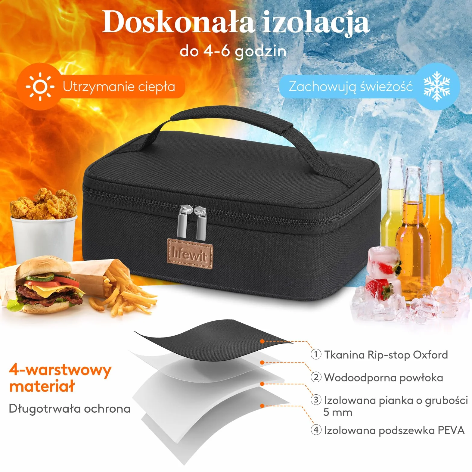 Lifewit Izolowana Torba na Lunch dla Mężczyzn i Kobiet, Termiczne Pudełko na Drugie śniadanie dla Dorosłych, Wodoodporna Iodówka Wielokrotnego Użytku z Uchwytem na Piknik, Małe Wiadro, Czarny 4L