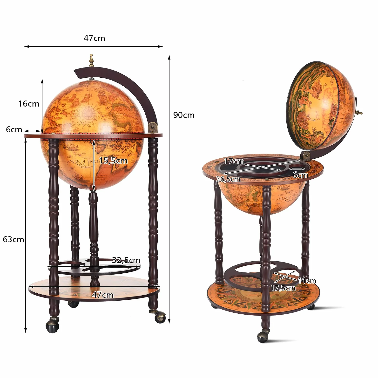 Giantex barek domowy globus vintage minibar z płytą podłogową eukaliptus 3 kółka