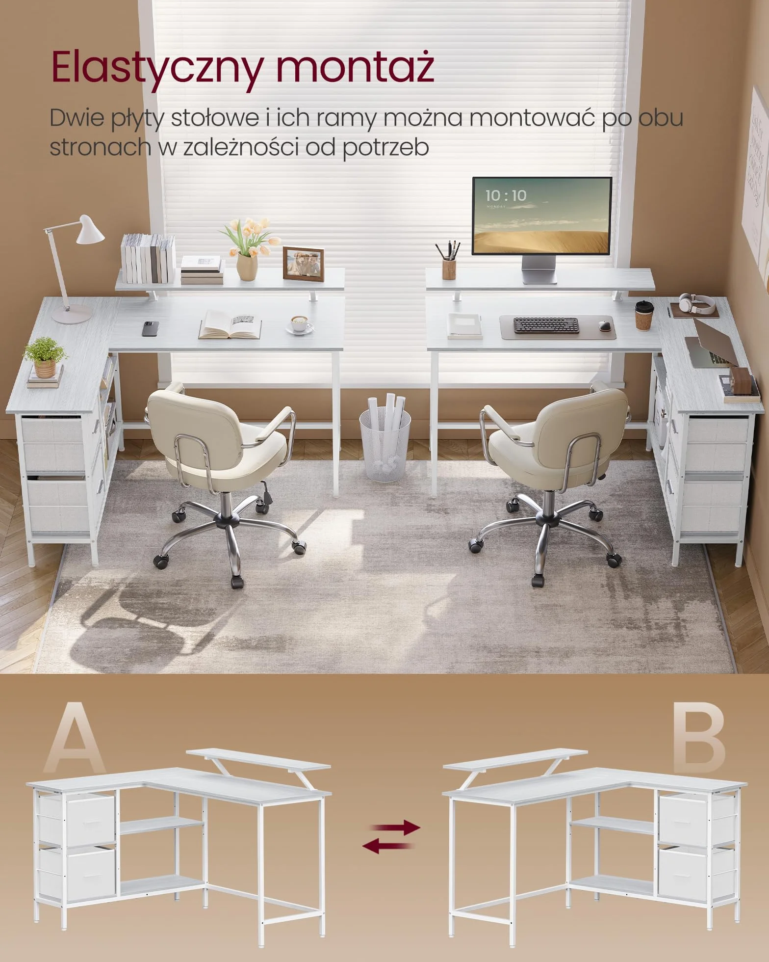 VASAGLE Biurko komputerowe narożne L 135 x 105 cm klon biały LWD098W01