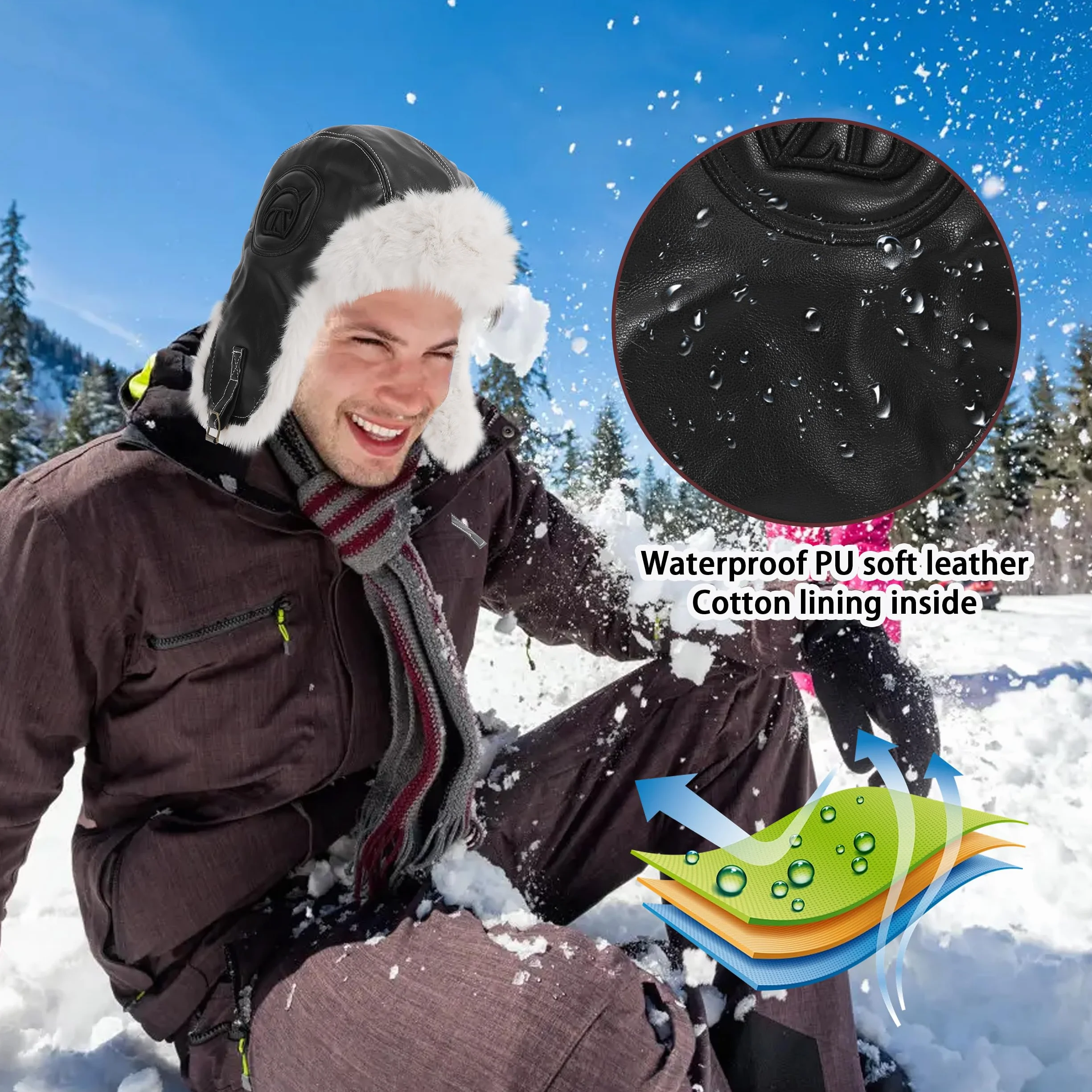 Zimowa czapka lotnicza, uniseks, ciepła rosyjska czapka z klapkami na uszy, PU wiatroszczelna czapka traperska do jazdy na snowboardzie, deskorolce, rowerze, aktywności na świeżym powietrzu