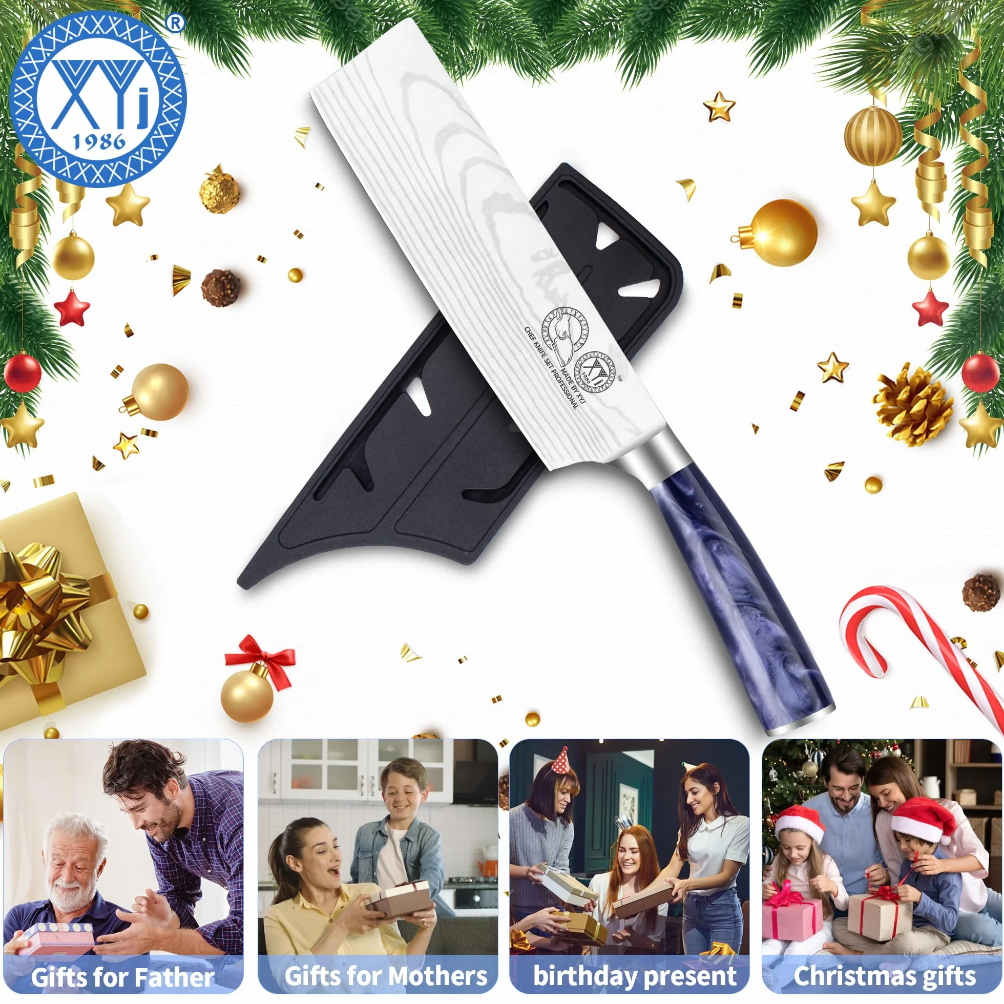 XYJ Authentic Since 1986,7 Inch Japanese Nakiri Knife,Stainless Steel Kitchen Cutlery,Meat Cleaver,Laser Damacus Pattern,Slicing Chef Knife With Sleeve,Resin Handle