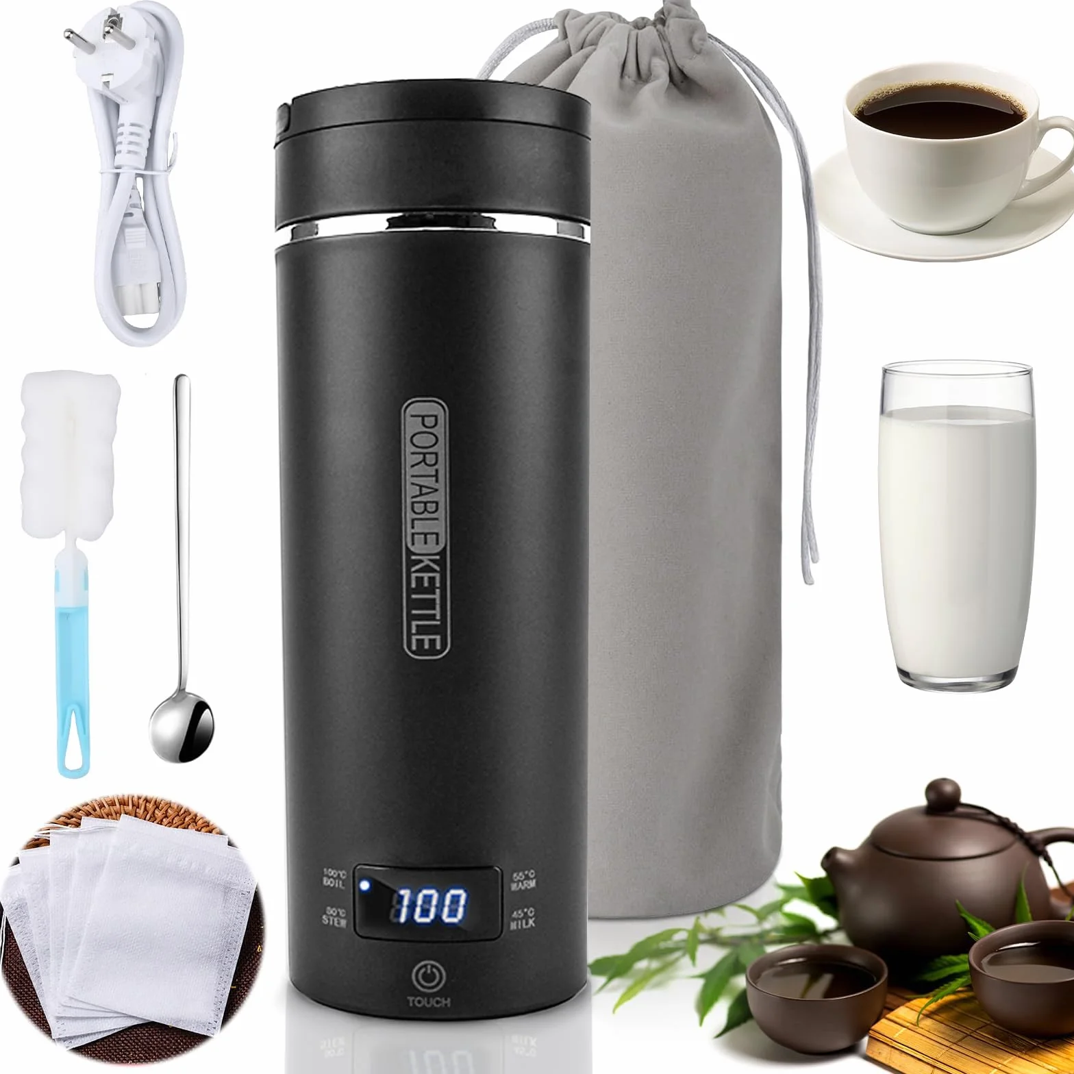 May przenony czajnik 500 ml,elektryczny czajnik podróny may,may przenony czajnik elektryczny,mini kubek grzewczy,4 regulowane poziomy temperatury,do herbaty,kawy,mleka dla niemowlt
