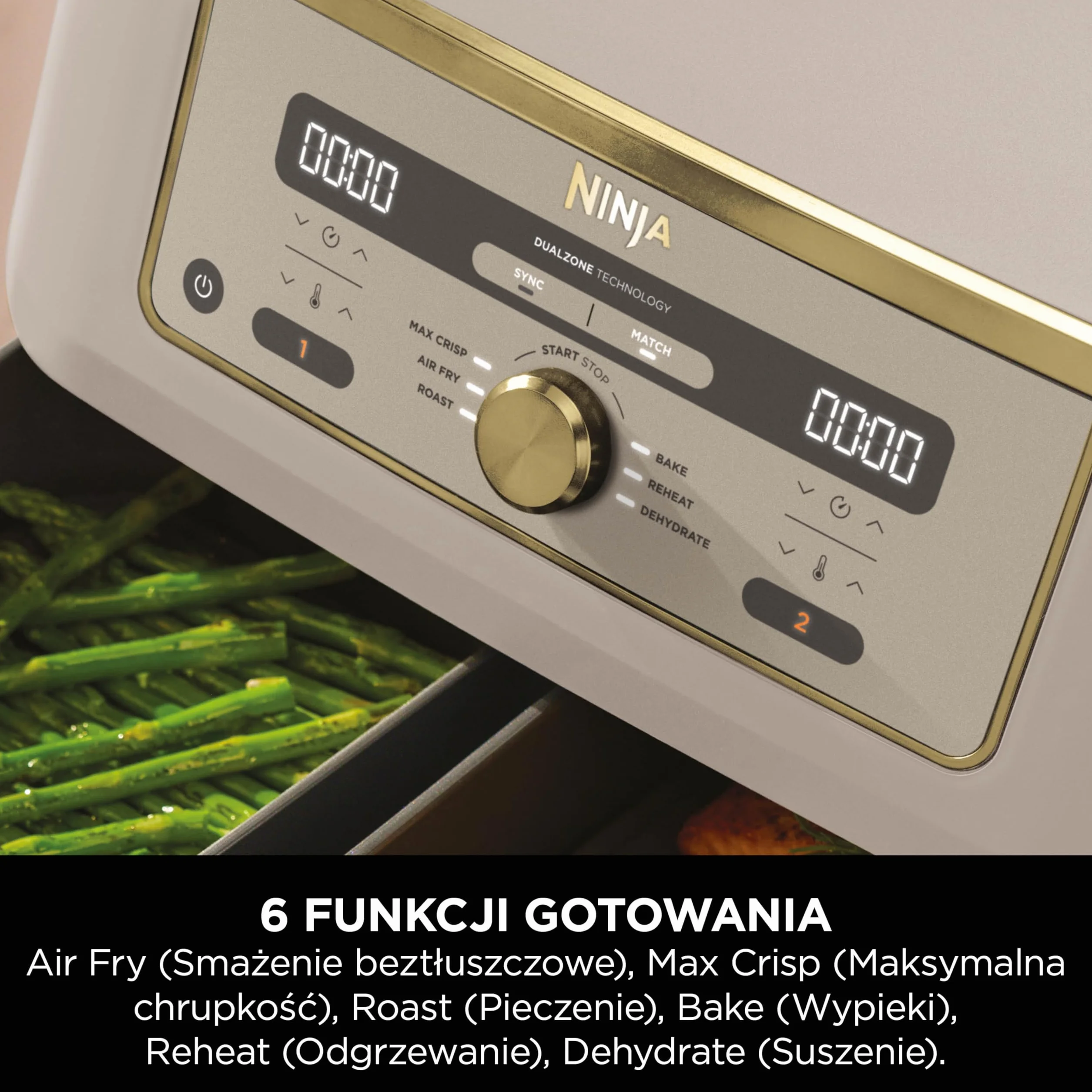 Ninja MAX Dwustrefowa frytkownica, 2 szuflady, 9,5 l, zero oleju, Air Fry, Max Crisp, Roast, Bake, Reheat, Dehydrate, nieprzywierające kosze do mycia w zmywarce, Złoty odcień kamienia, DZ400EUSTGD