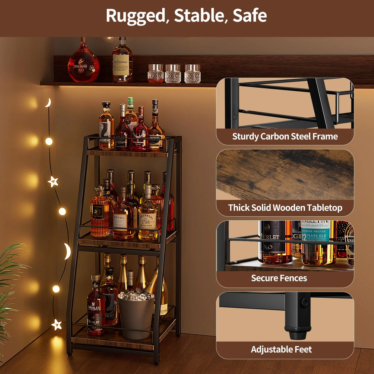 Nuovoware 3-poziomowa szafka na alkohol Mini Bar, stojak na wino z barierkami i szufladą
