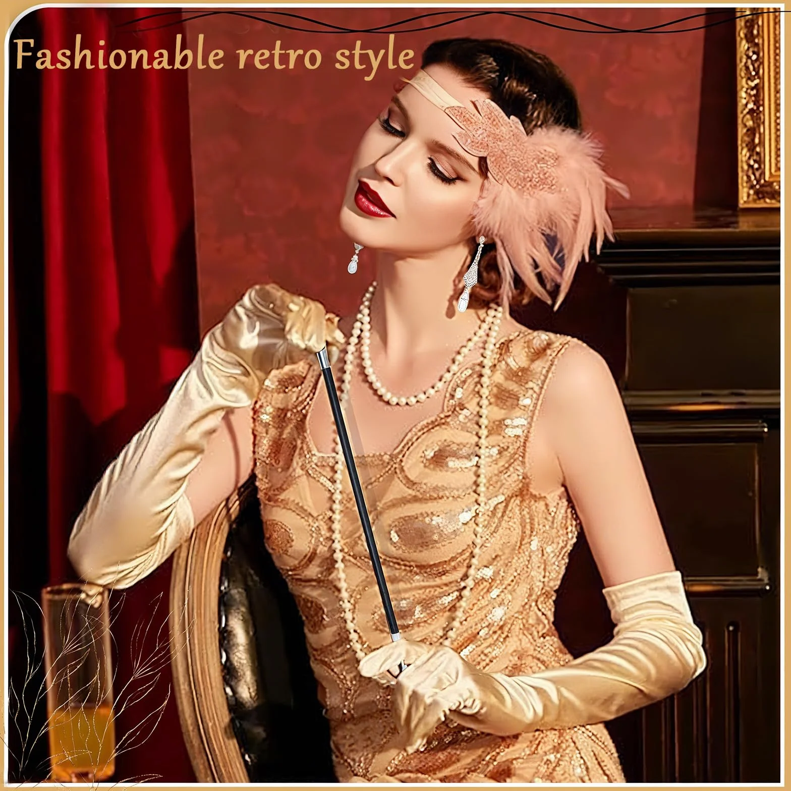 CHRI 7-częściowy zestaw akcesoriów kostiumowych damskich z lat 20., akcesoria Great Gatsby dla kobiet, 1920, kostium karnawałowy, ozdoba głowy z piór