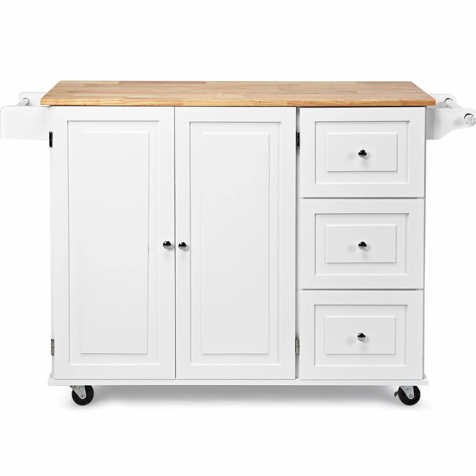 KOMFOTTEU Centralna wyspa kuchenna ze składaną tacą z drewna kauczukowego, wózek kuchenny 3 szuflady, 43 x 136 x 91 cm, biała