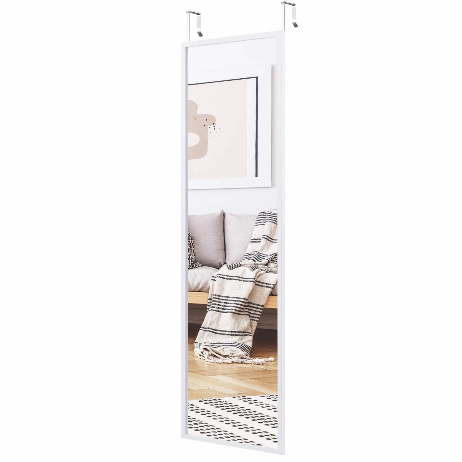 GIANTEX Lusterko drzwiowe, lustro ścienne, lustro pełnometrażowe, przeciwwybuchowa powierzchnia, z 2 haczykami do regulacji wysokości, żelazna rama, 36 x 1,5 x 107,5 cm (białe)