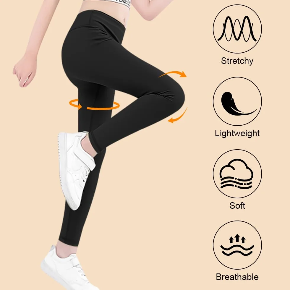 HOTUT Dziewczęce Legginsy, 3PCS Dziewczęce dzieci pełnej długości gładkie legginsy, czarny Dziewczęce Legginsy dla Dziewczynek, Dziecięce Długie Legginsy dla dzieci w wieku 7-14 lat - 140CM
