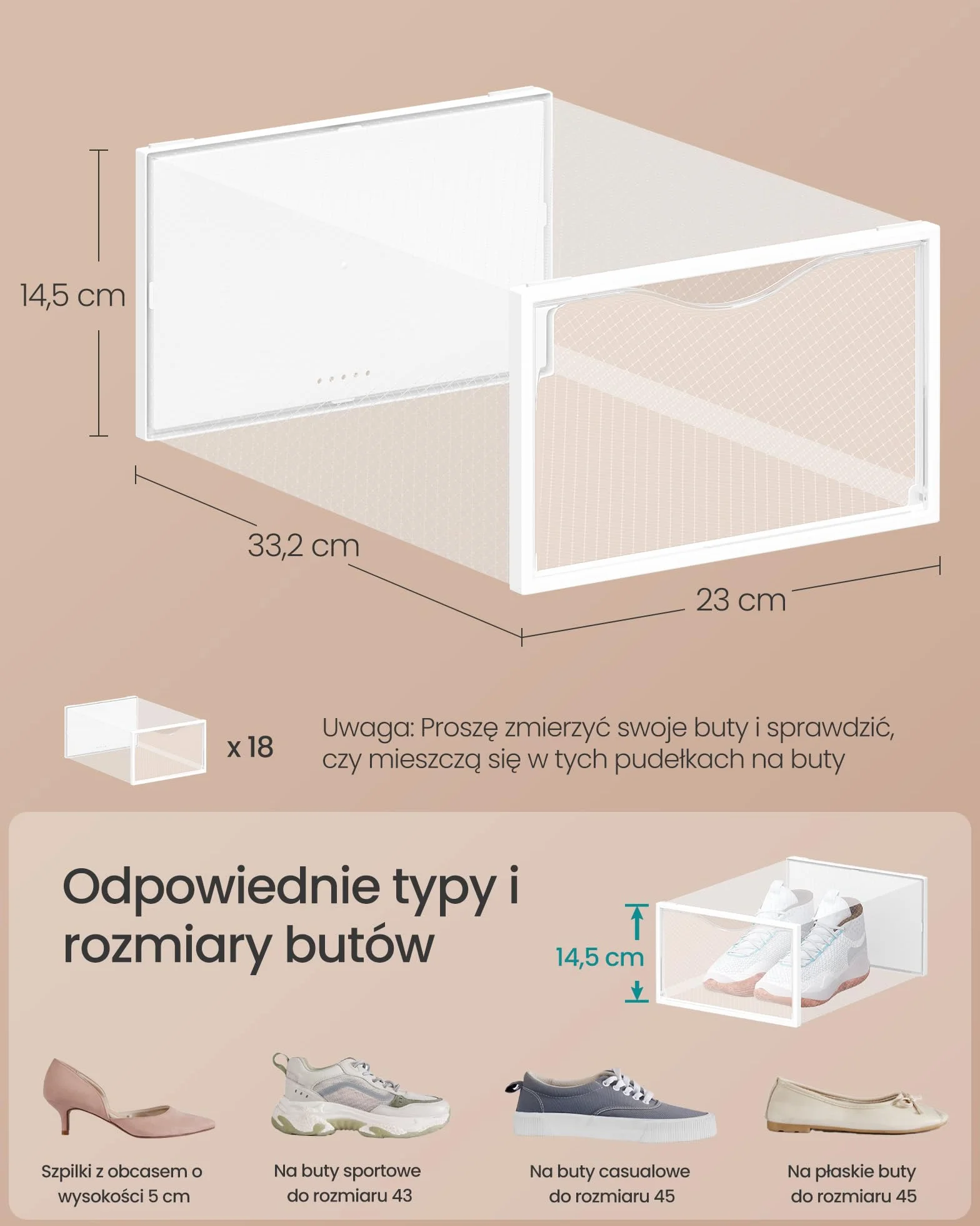 SONGMICS Pudełka na buty plastikowy organizer z drzwiczkami przezroczysty biały zestaw 18 sztuk 33,2 x 23 x 14,5 cm