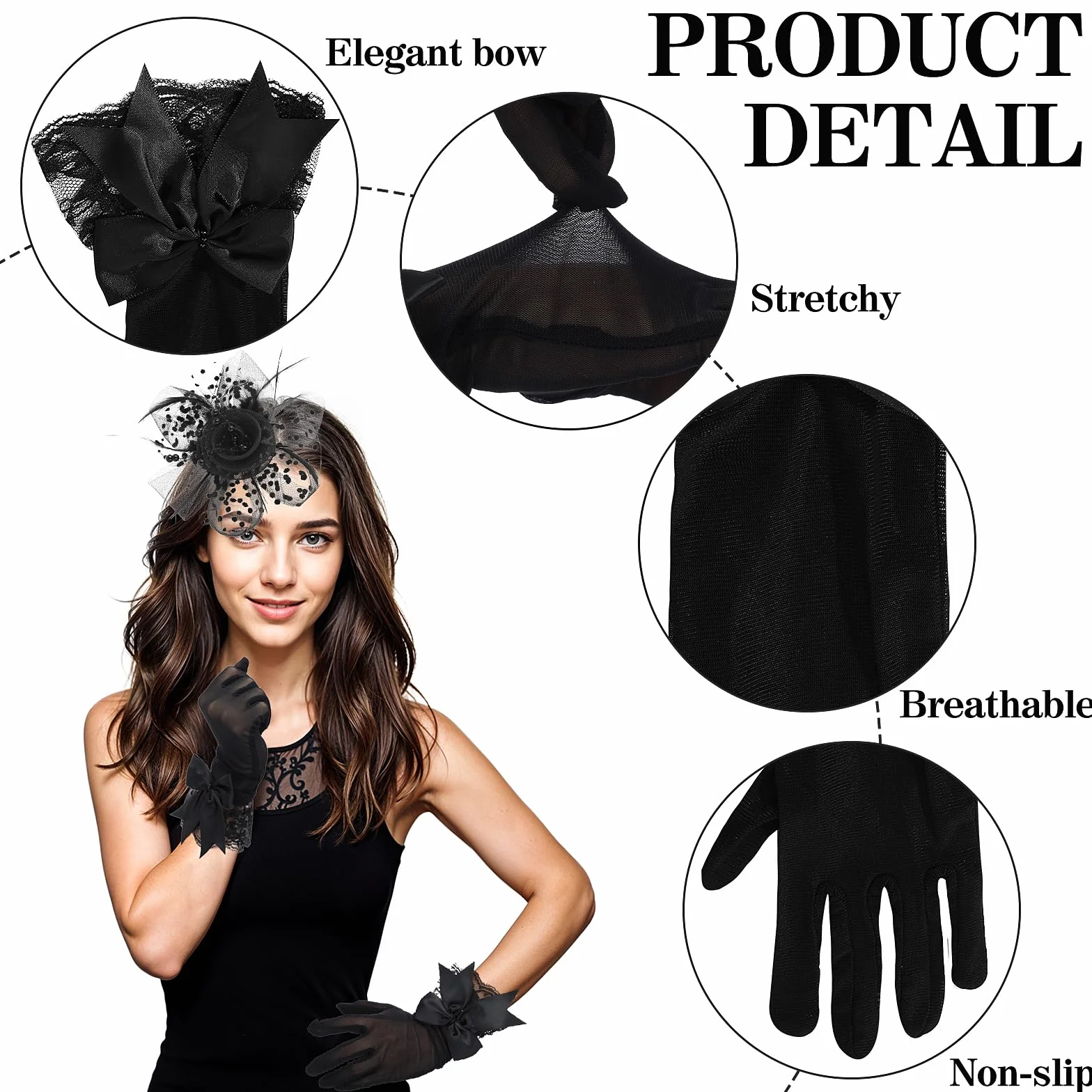 Yuanchu Damskie rękawiczki siatkowe z kokardką, przycięte koronkowe rękawiczki, czarne rękawiczki, eleganckie rękawiczki ślubne, etykieta, akcesoria do rąk, na Boże Narodzenie, ślub, imprezę