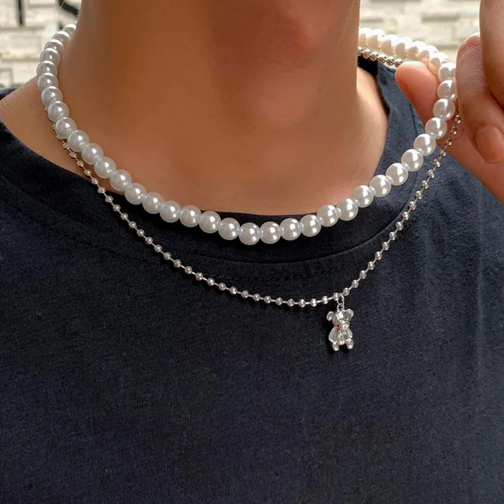 Naszyjnik z perłami damski i męski sztuczny naszyjnik z koralikami, 6/8 mm biała perła, krótka okrągła perła choker prezent urodzinowy biżuteria długość 40-60 cm