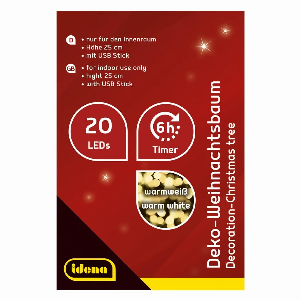Idena 31486 Dekoracyjna choinka z 20 diodami LED ciepła biel ok. 25 cm wysokości z czerwonym drzewem w doniczce i połączeniem USB Dekoracja wnętrz jako dekoracja zimowa, adwentowa i świąteczna