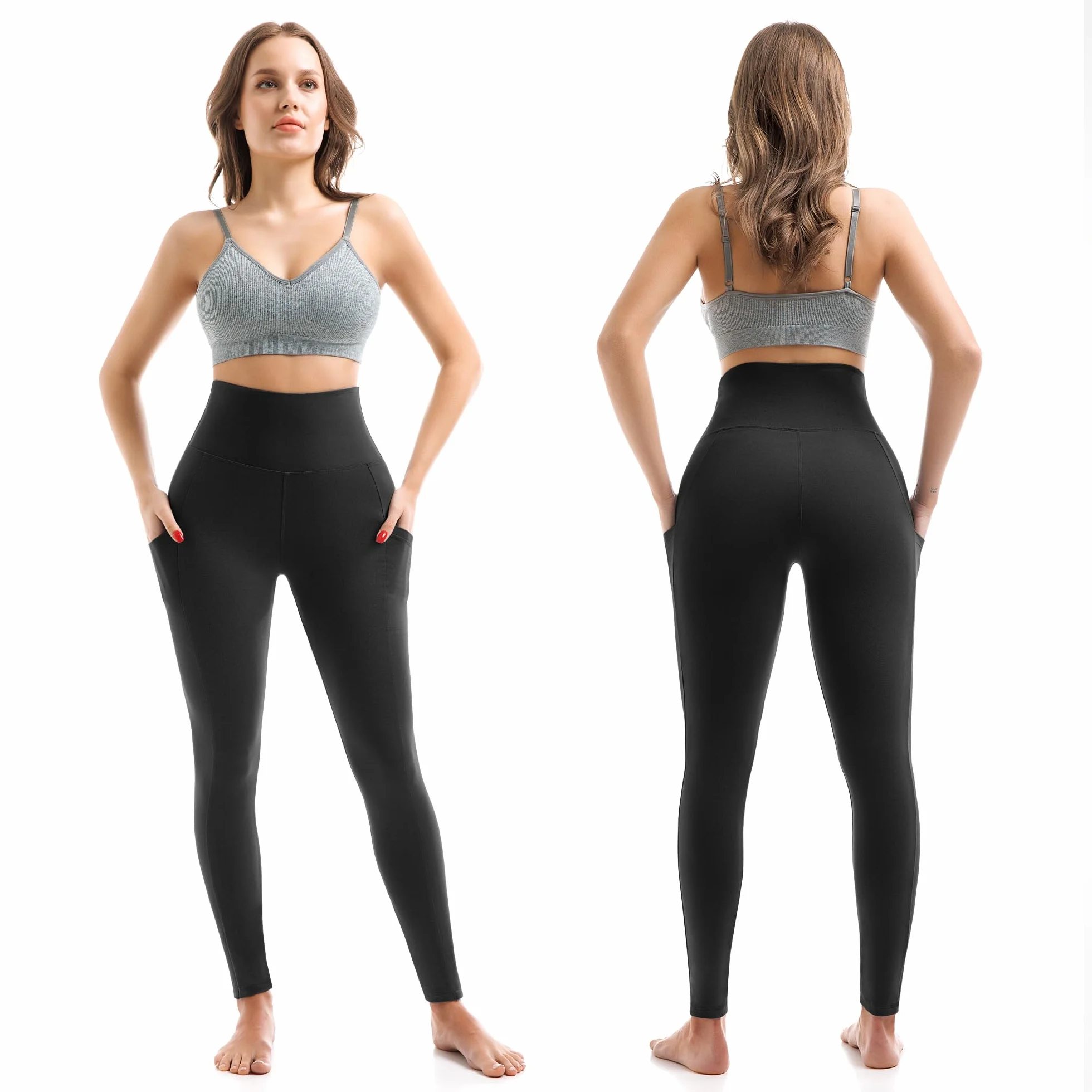 SINOPHANT Legginsy z wysokim stanem, z kieszeniami, dla kobiet, miękkie, elastyczne, nieprzezroczyste, modelujące brzuch, rozciągliwe, spodnie do jogi, S-M